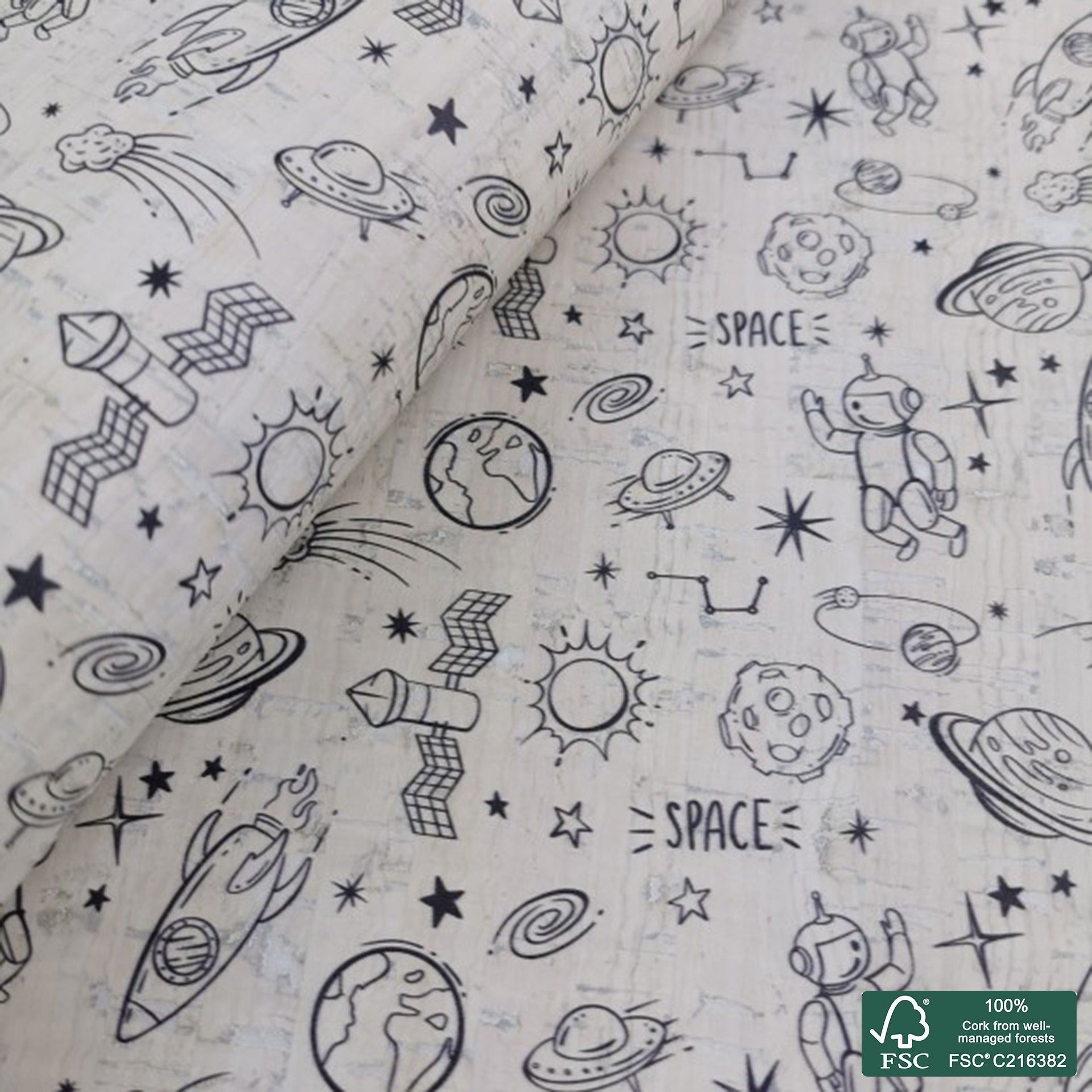 Space printed pattern on white cork fabric (172)