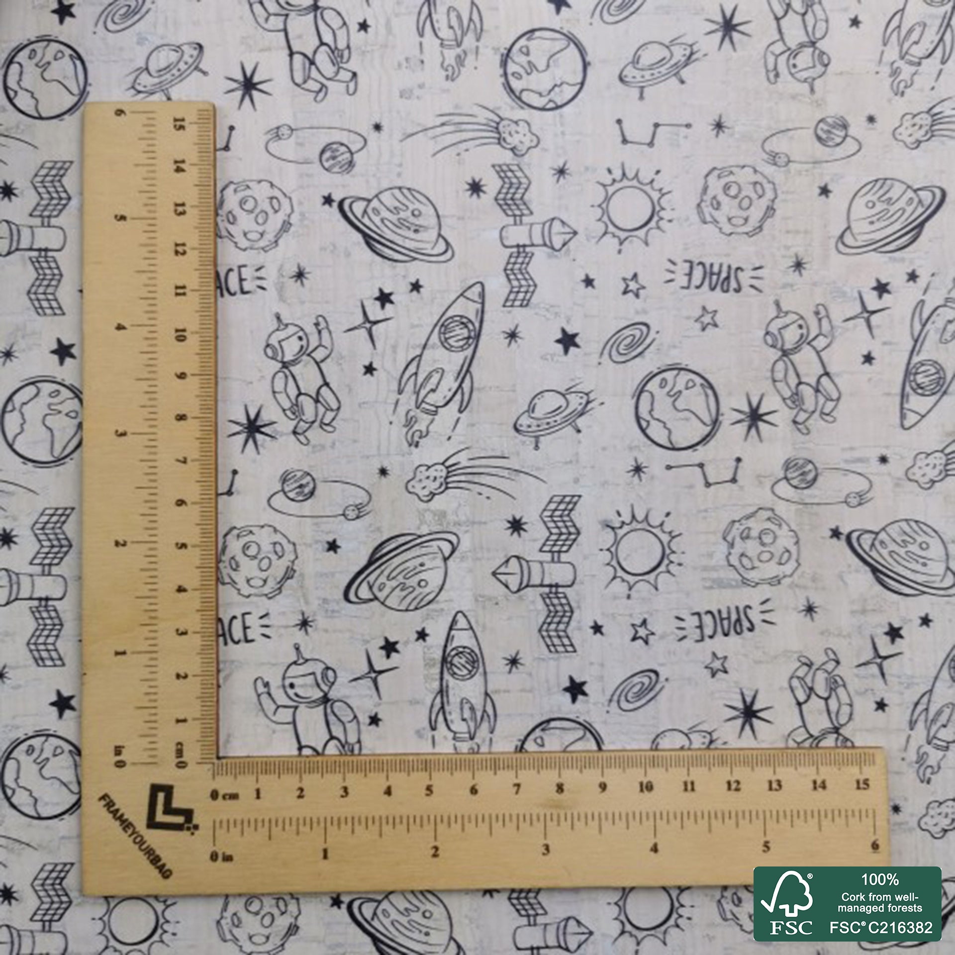 Space printed pattern on white cork fabric (172)
