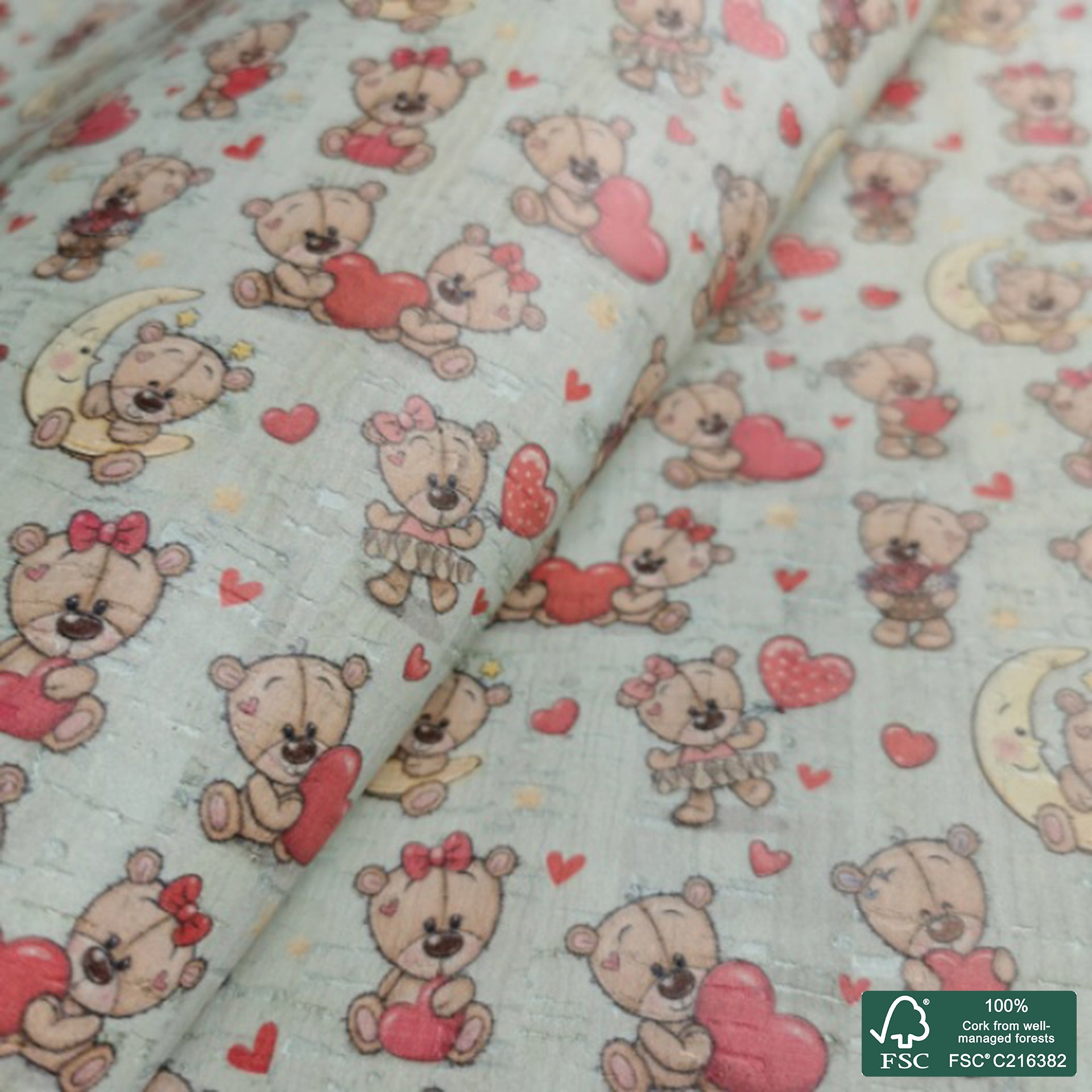 Bear printed pattern on white cork fabric (174)
