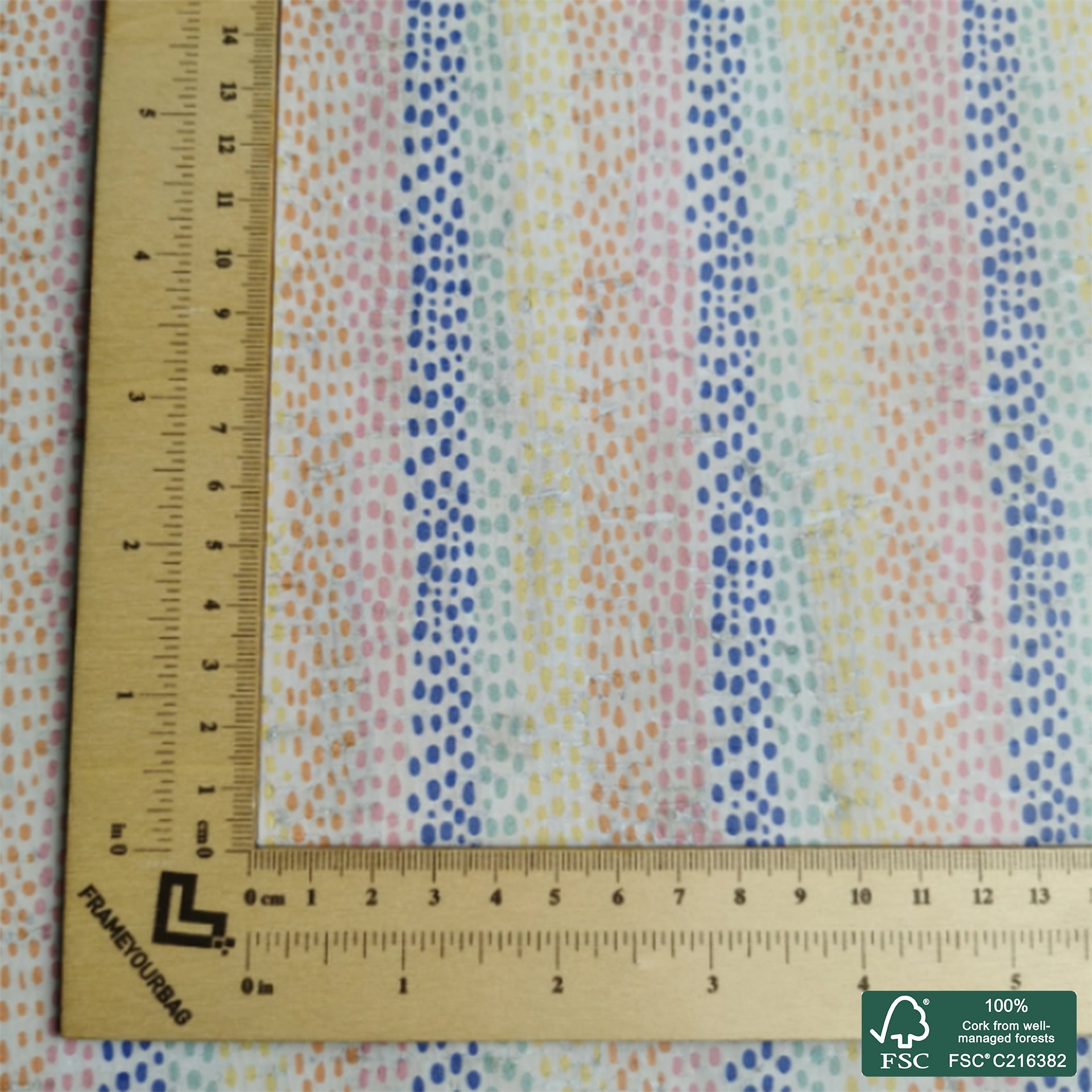 Colorful Dots printed pattern on white cork fabric (177)
