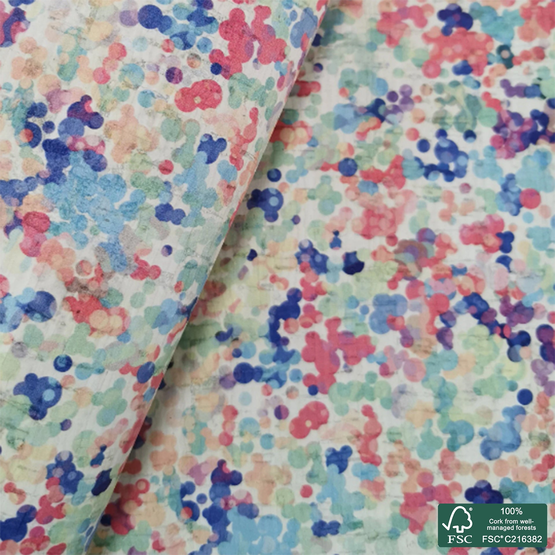 Colorful Dots printed pattern on white cork fabric (178)