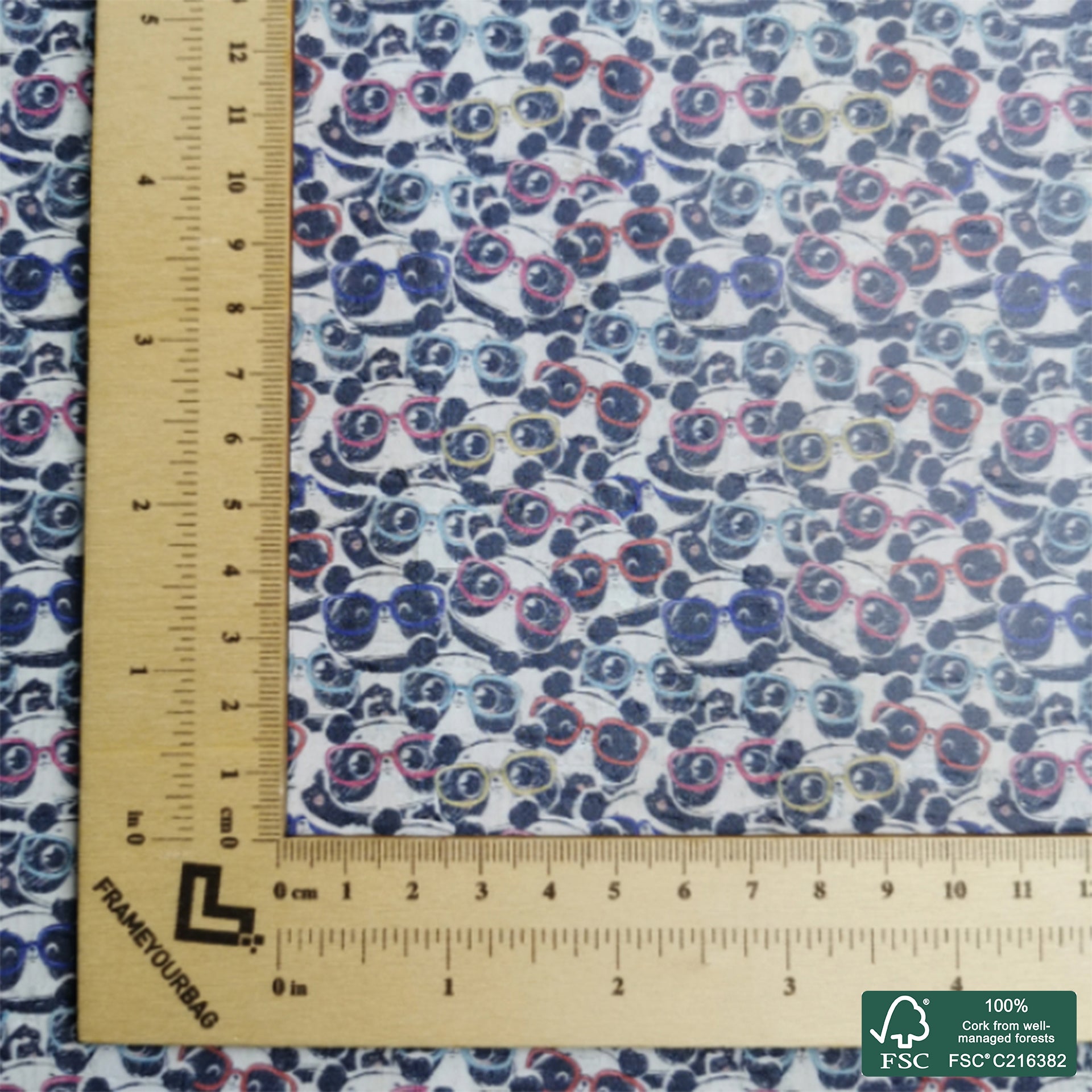 Panda printed pattern on white cork fabric (179)