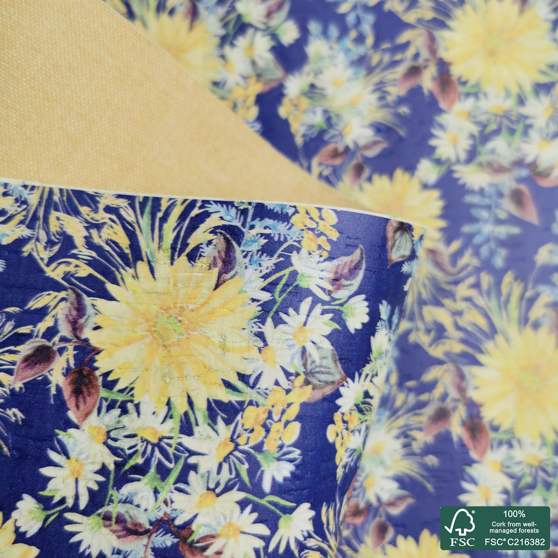 Flowers printed pattern on white cork fabric (186)