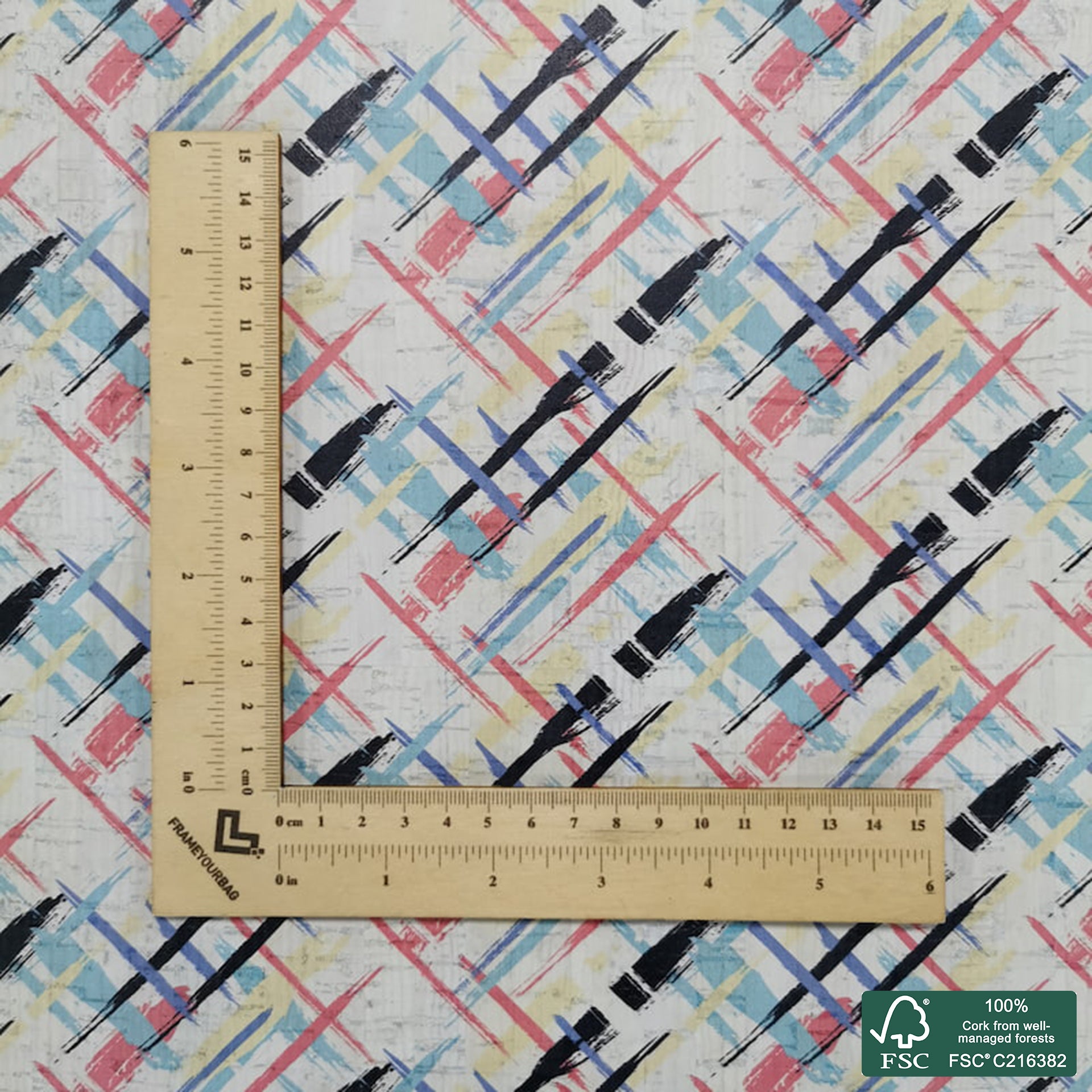 Plaid printed pattern on white cork fabric (187)