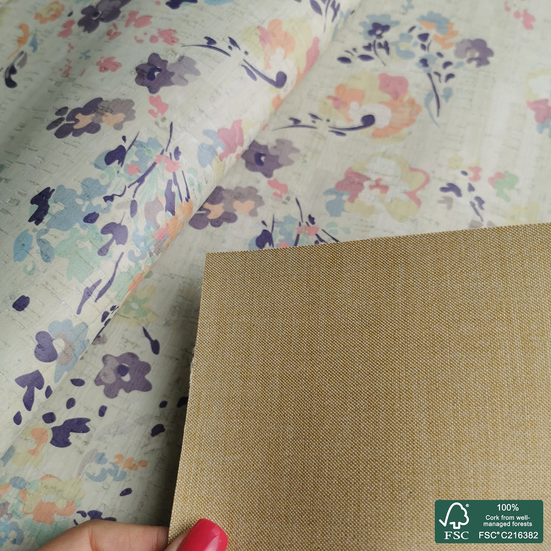 Flowers printed pattern on white cork fabric (190)
