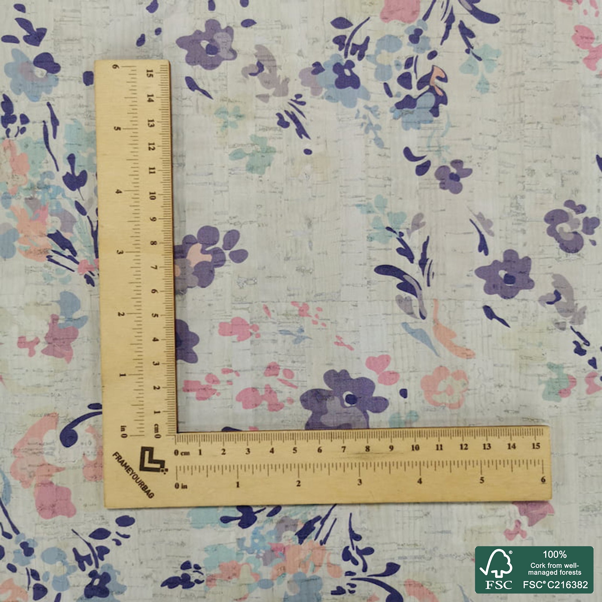 Flowers printed pattern on white cork fabric (190)