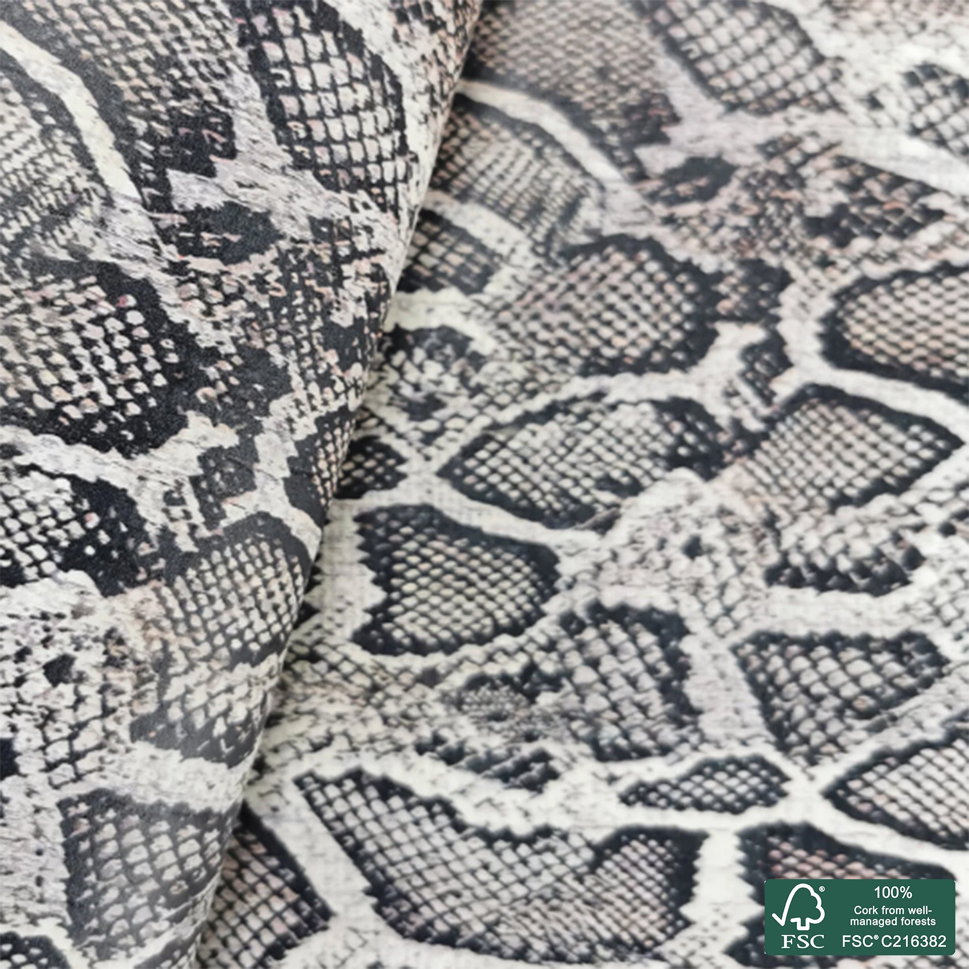 Snake printed pattern on white cork fabric (191)