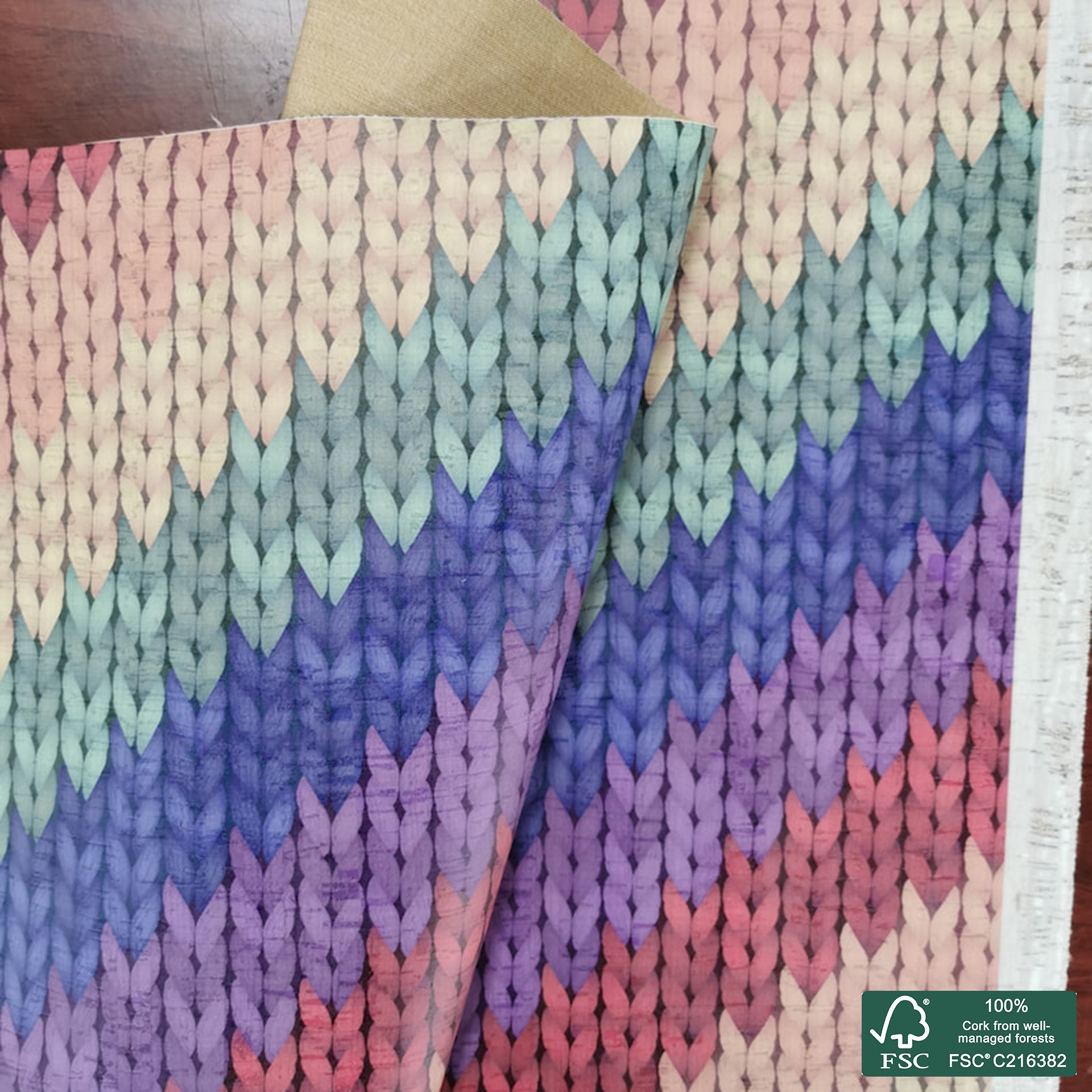 Knit printed pattern on white cork fabric (193)