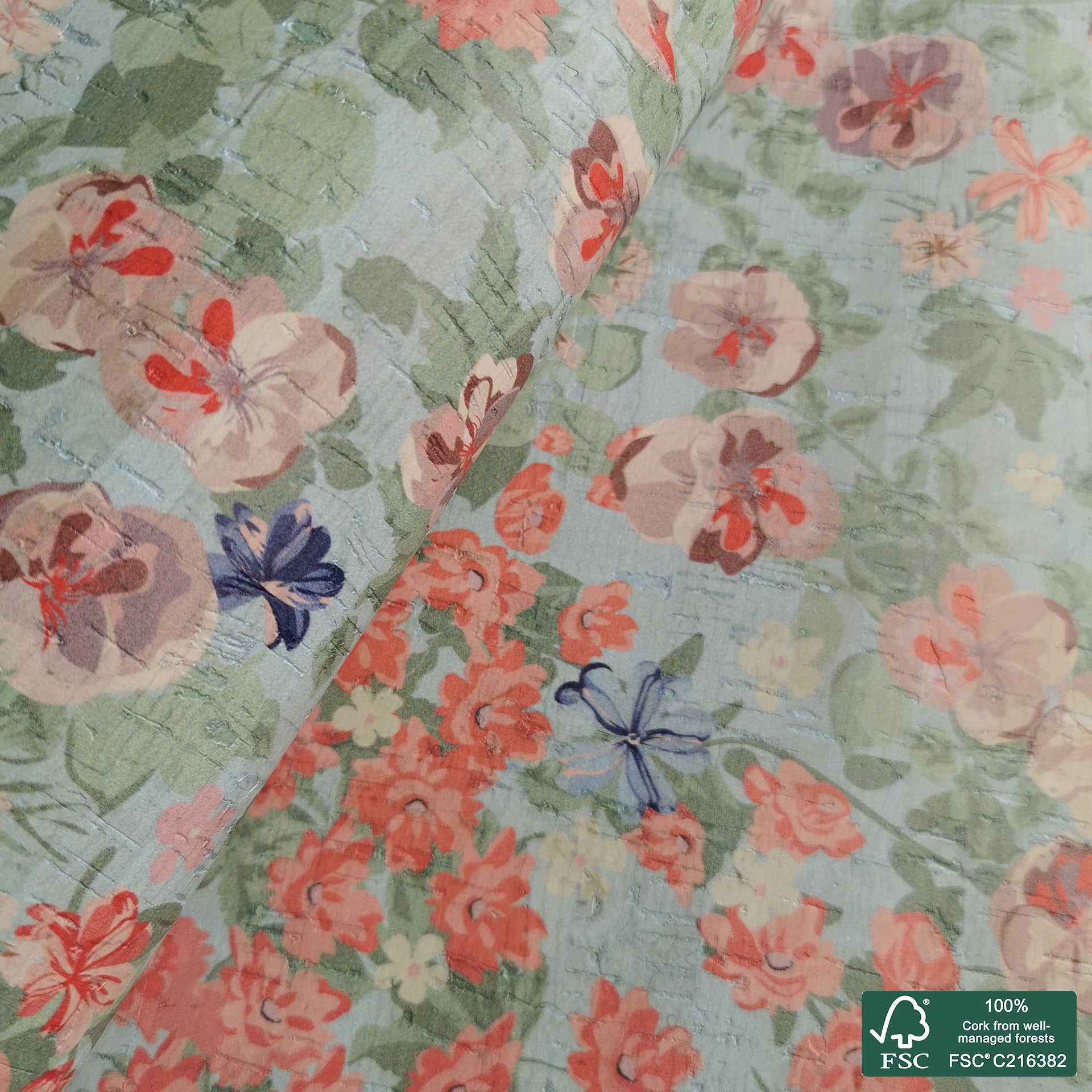 Flowers printed pattern on white cork fabric (198)