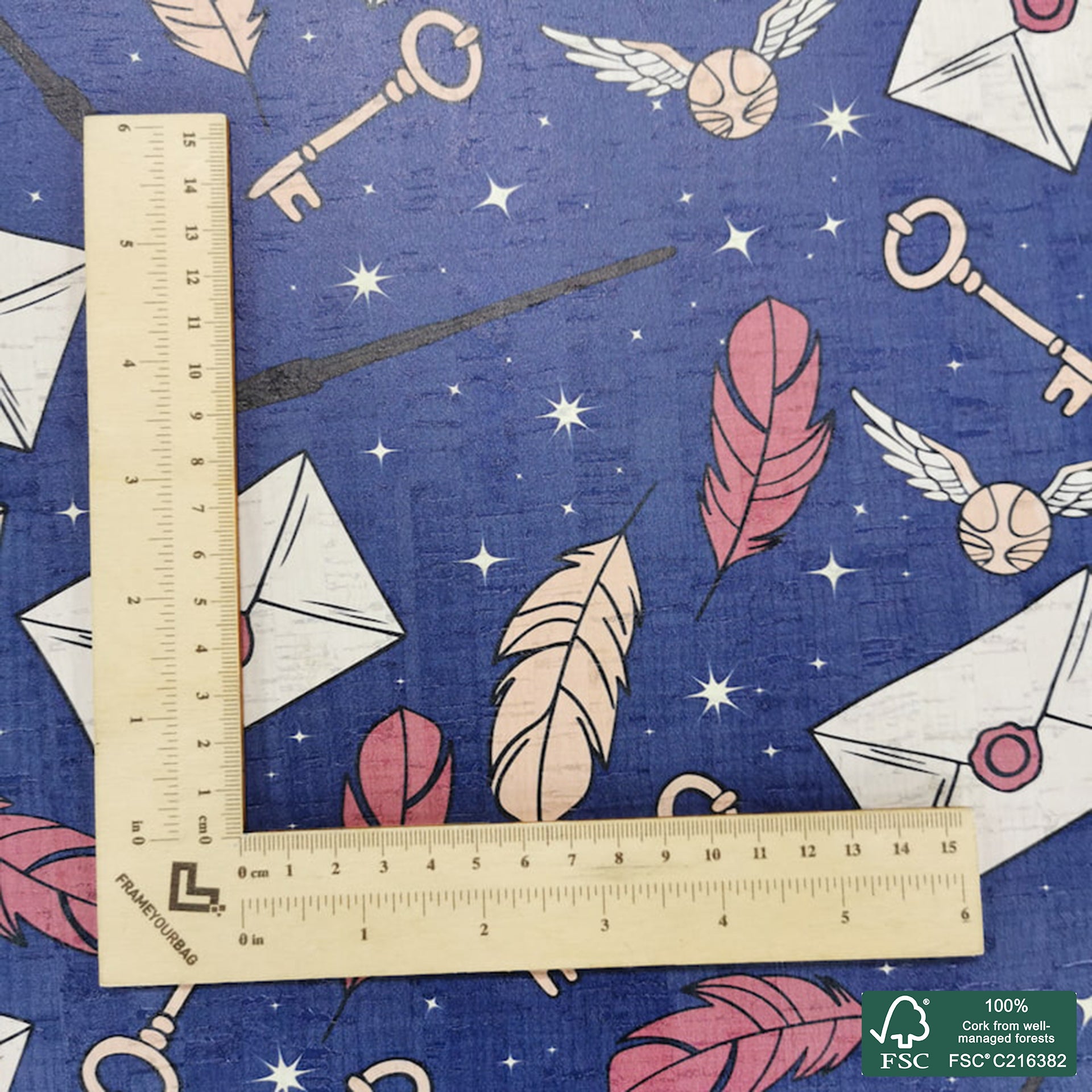 Magical printed pattern on white cork fabric (199)