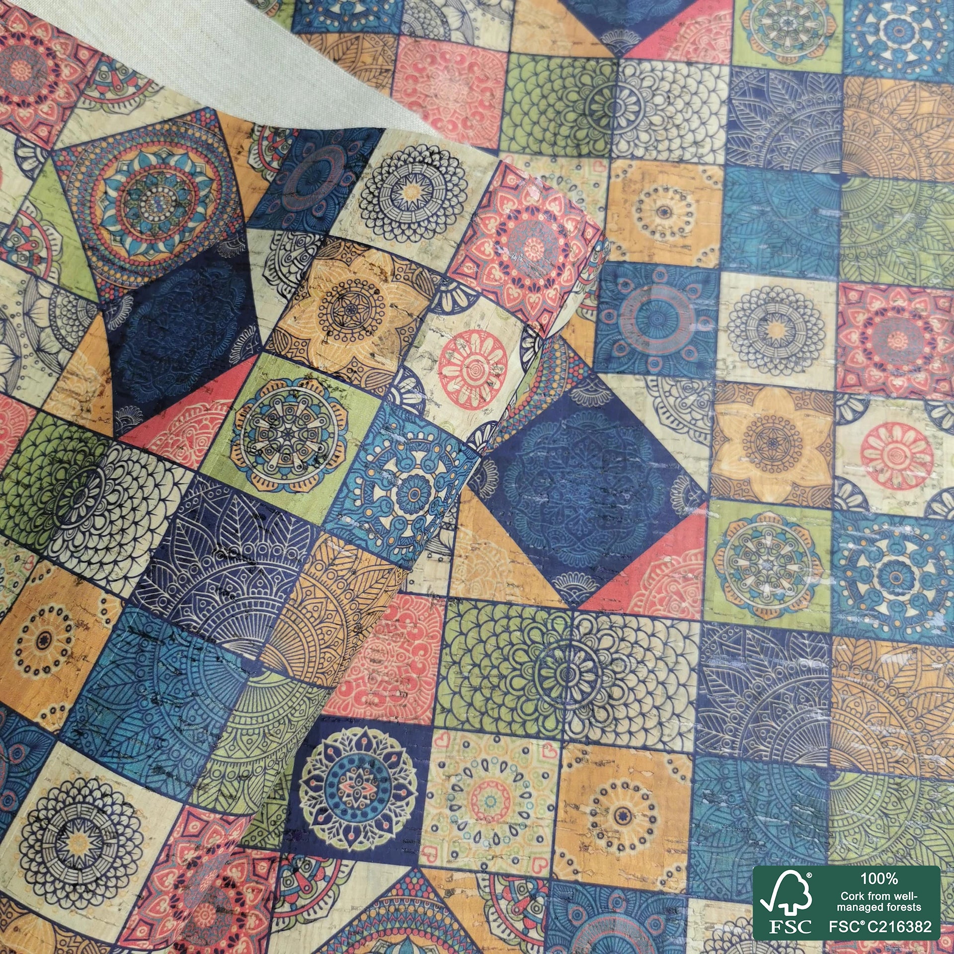 Tiles printed pattern on white cork fabric (201)