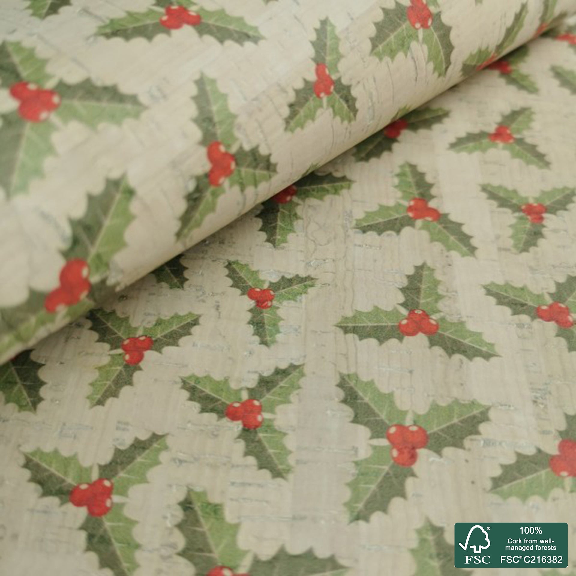 Holly printed pattern on white cork fabric (203)