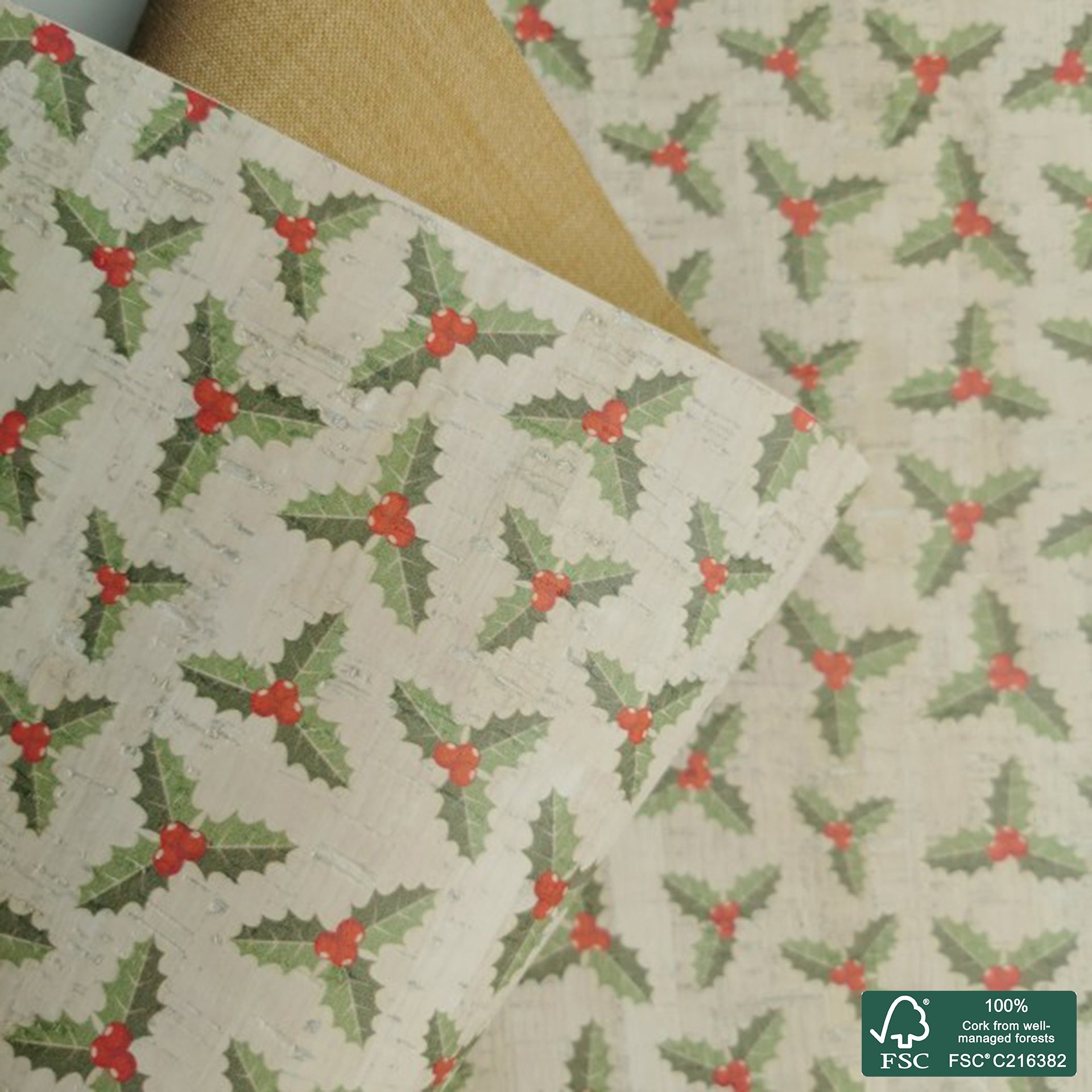 Holly printed pattern on white cork fabric (203)