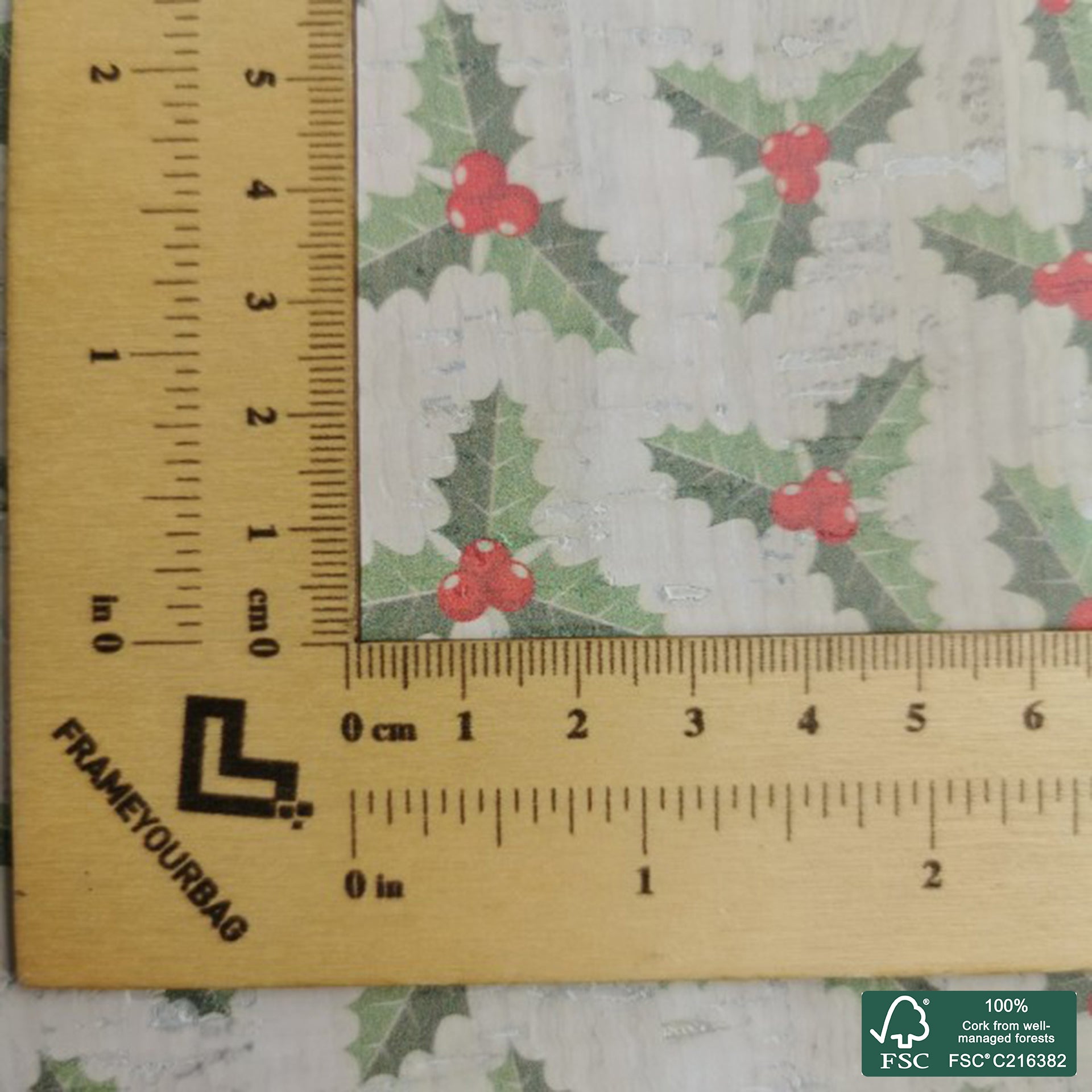 Holly printed pattern on white cork fabric (203)