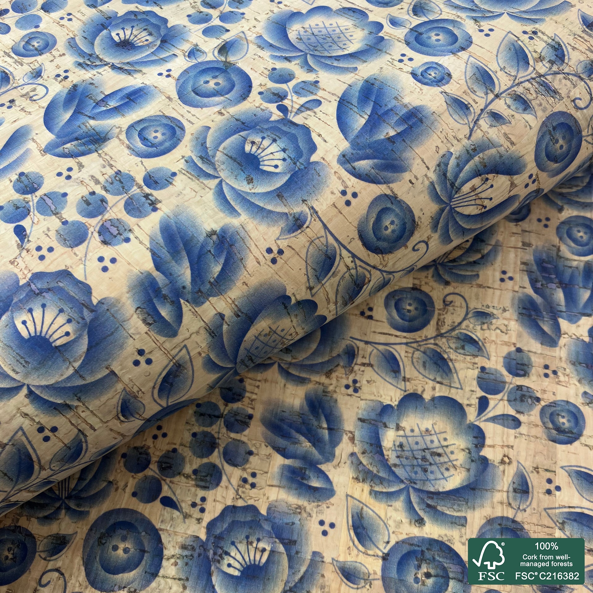 Flowers printed pattern on natural cork fabric (205)