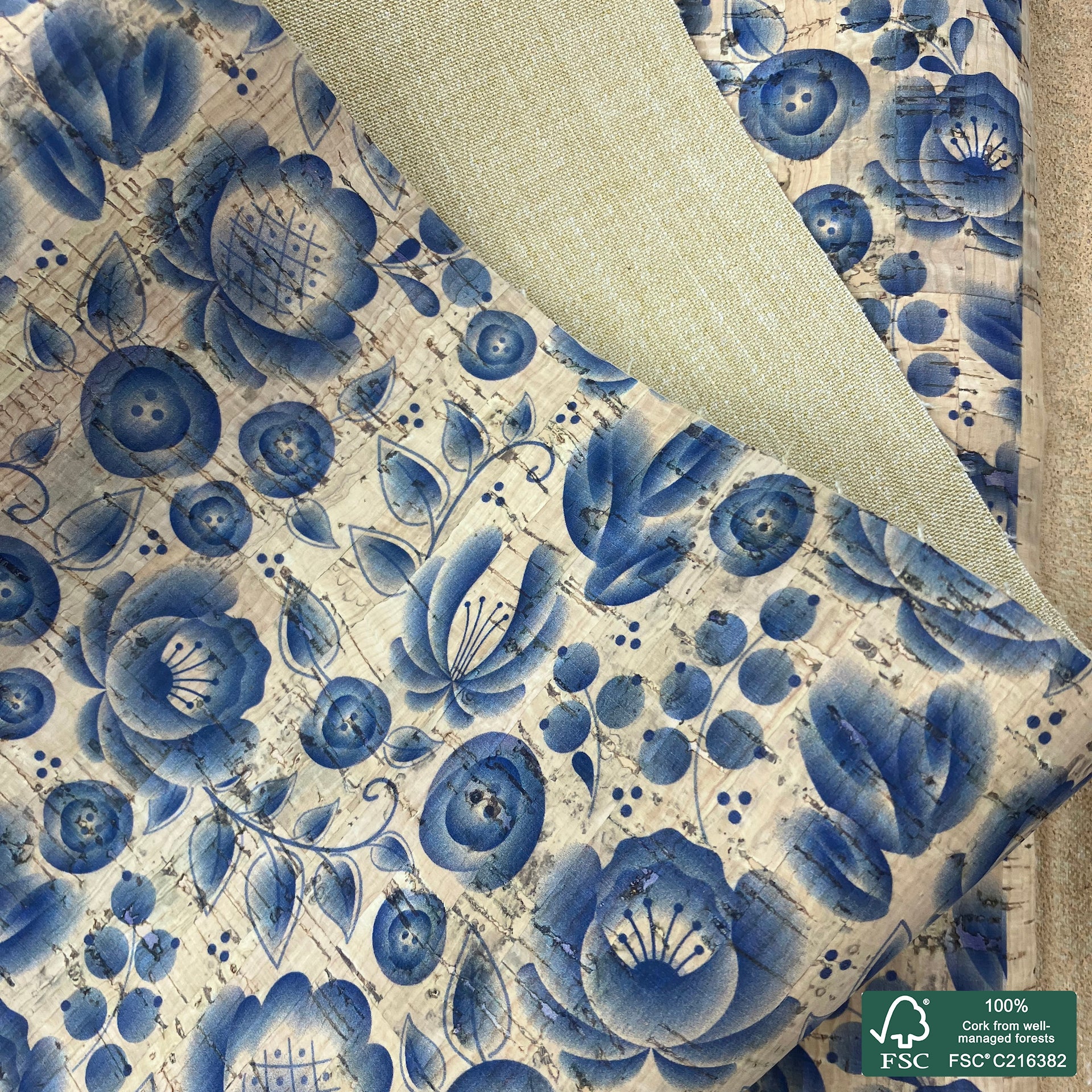 Flowers printed pattern on natural cork fabric (205)