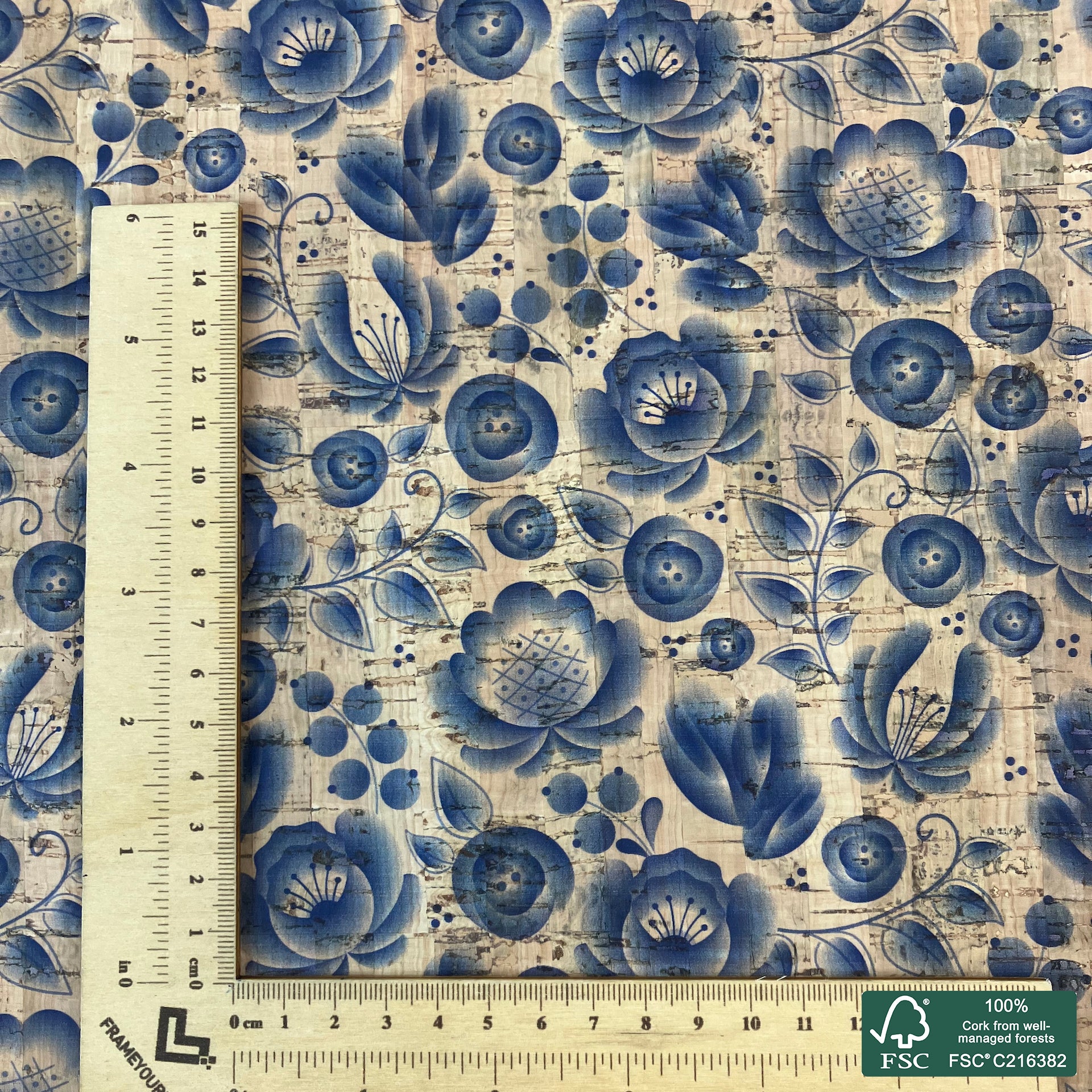 Flowers printed pattern on natural cork fabric (205)