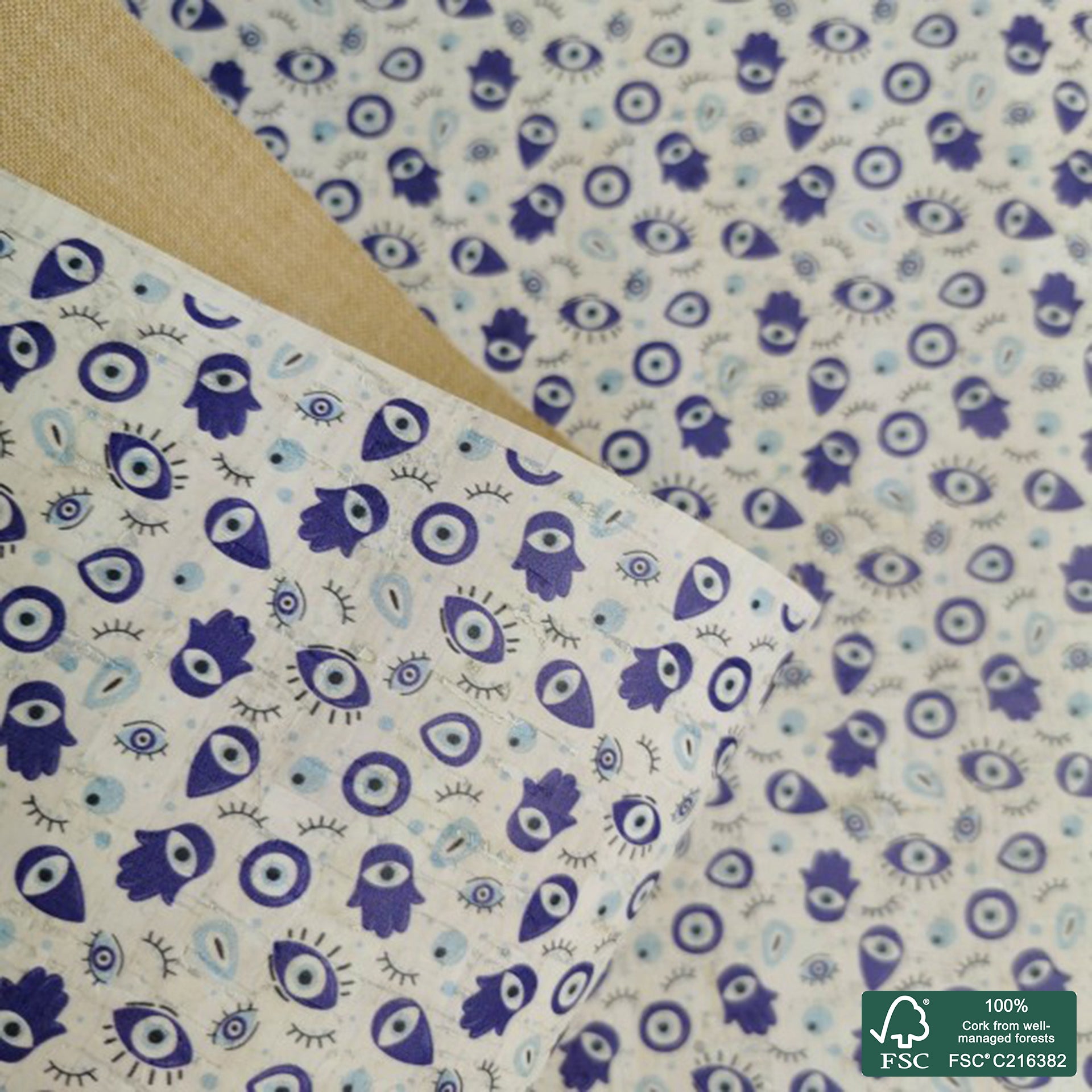 Evil Eye printed pattern on white cork fabric (206)