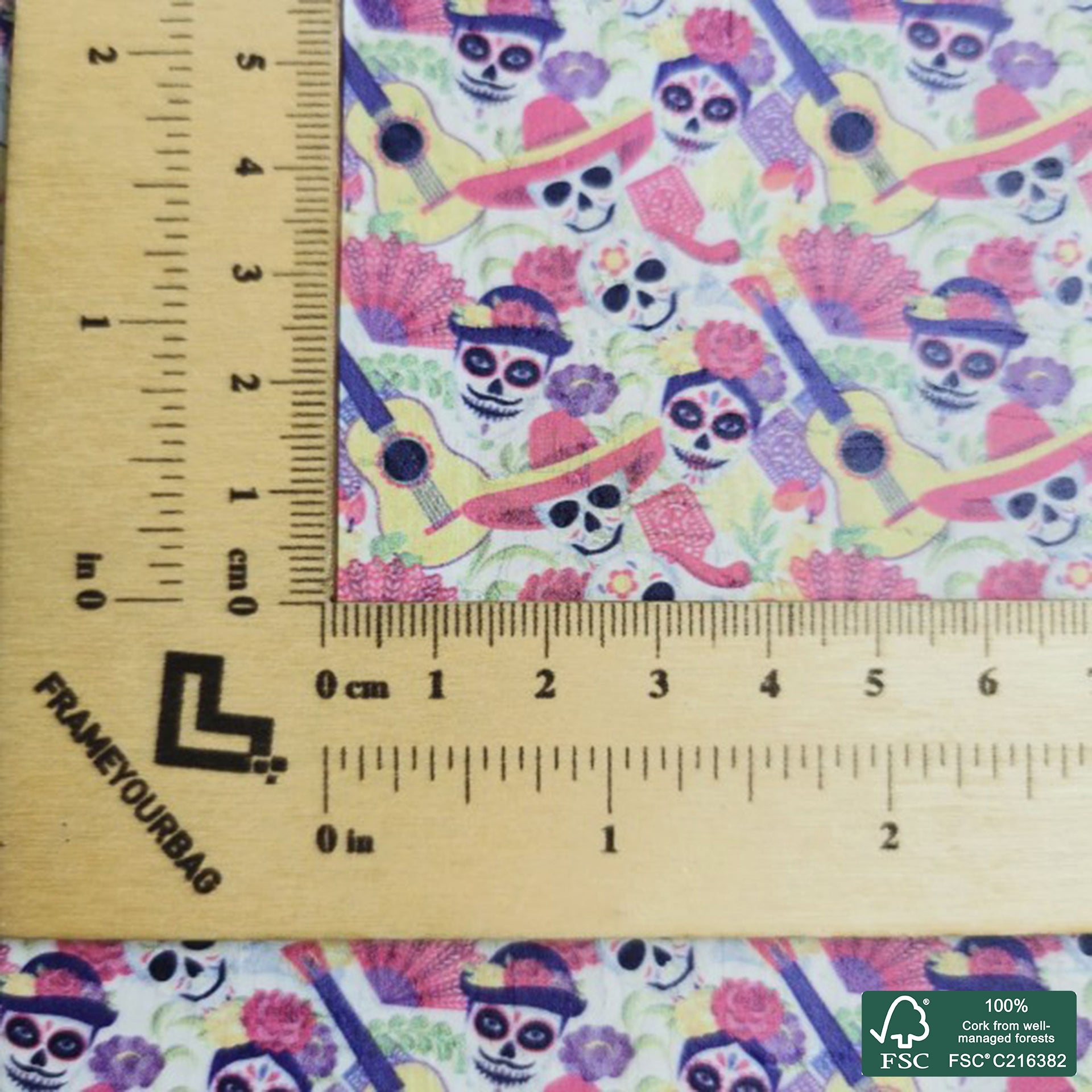 Dia de los muertos printed pattern on white cork fabric (207)
