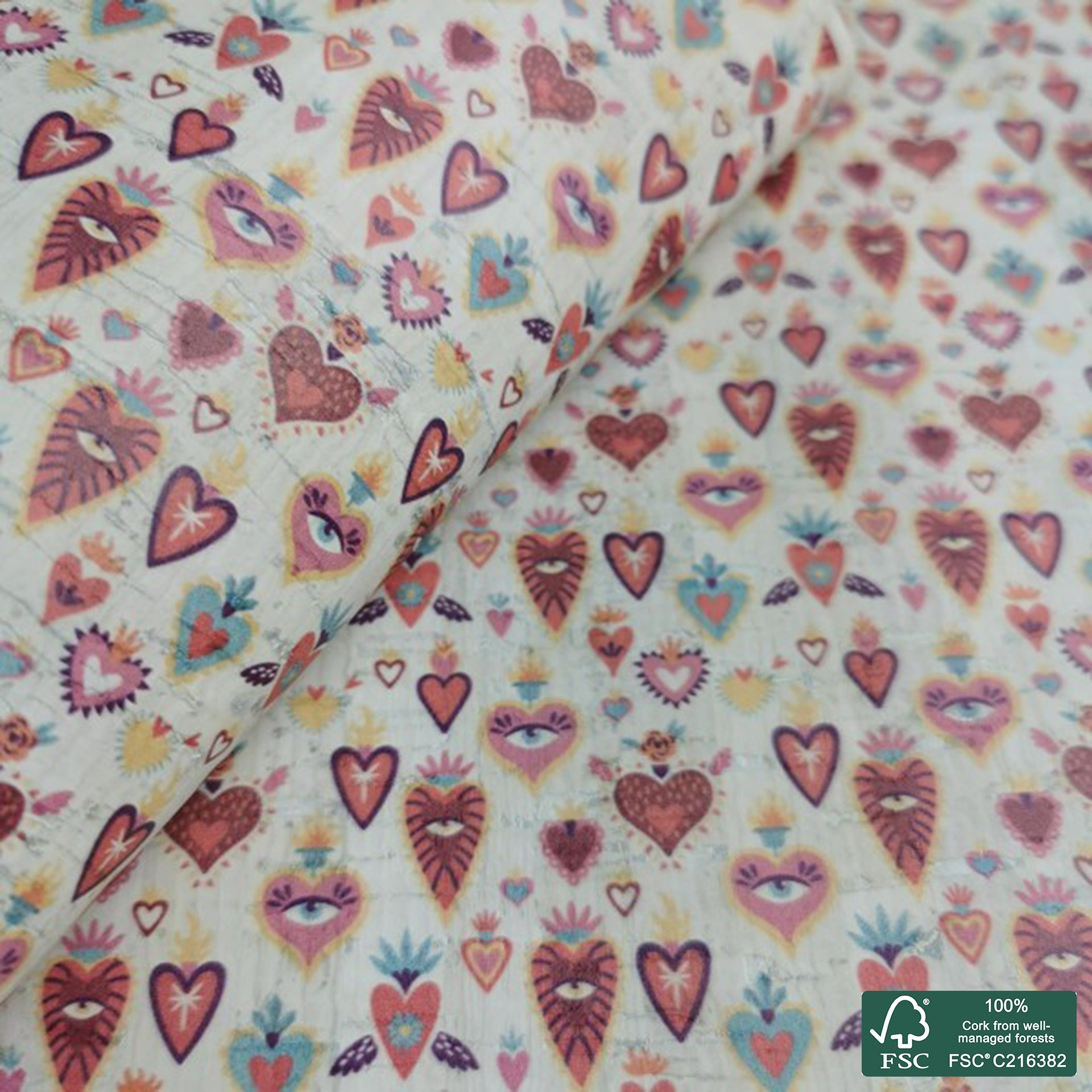 Hearts printed pattern on white cork fabric (209)