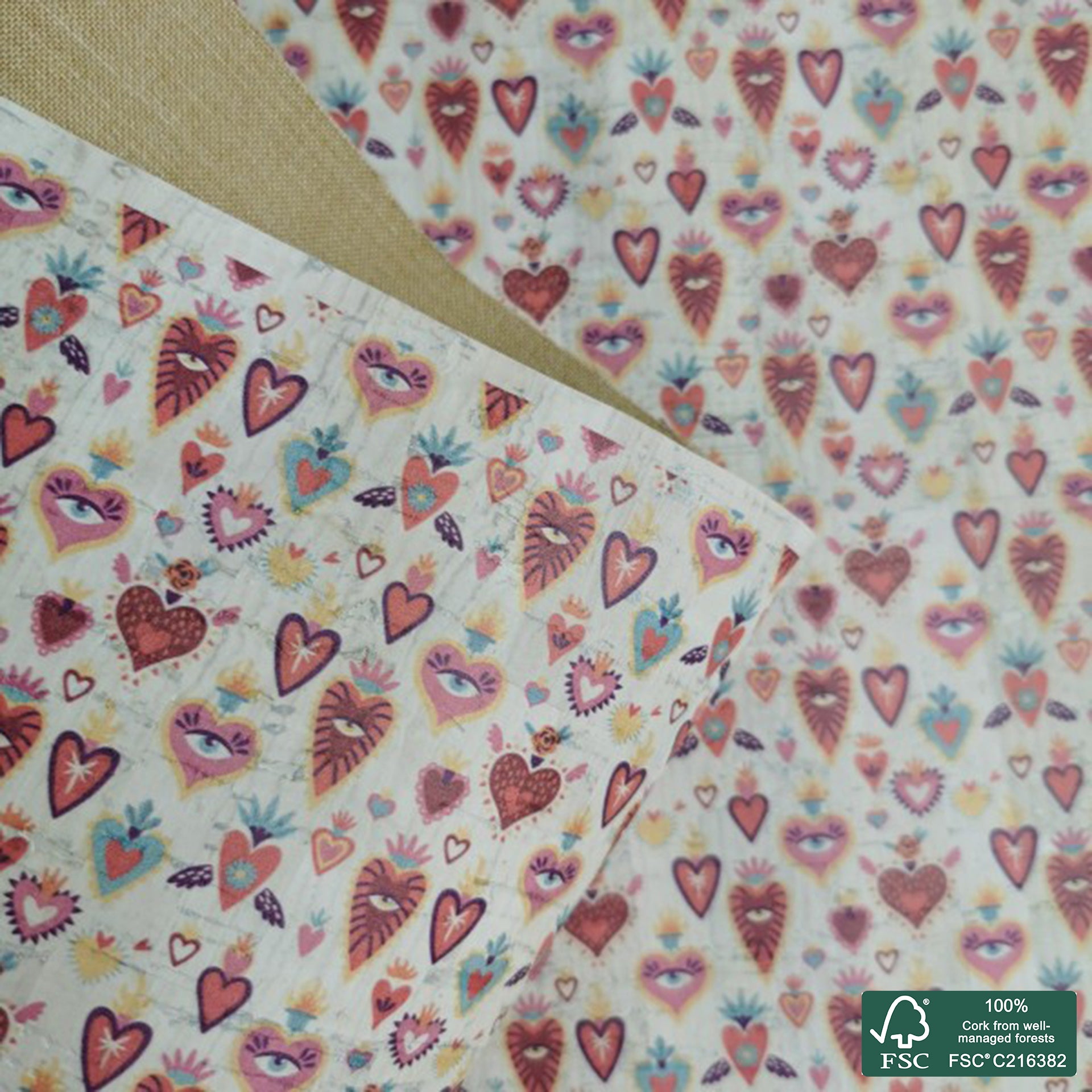 Hearts printed pattern on white cork fabric (209)