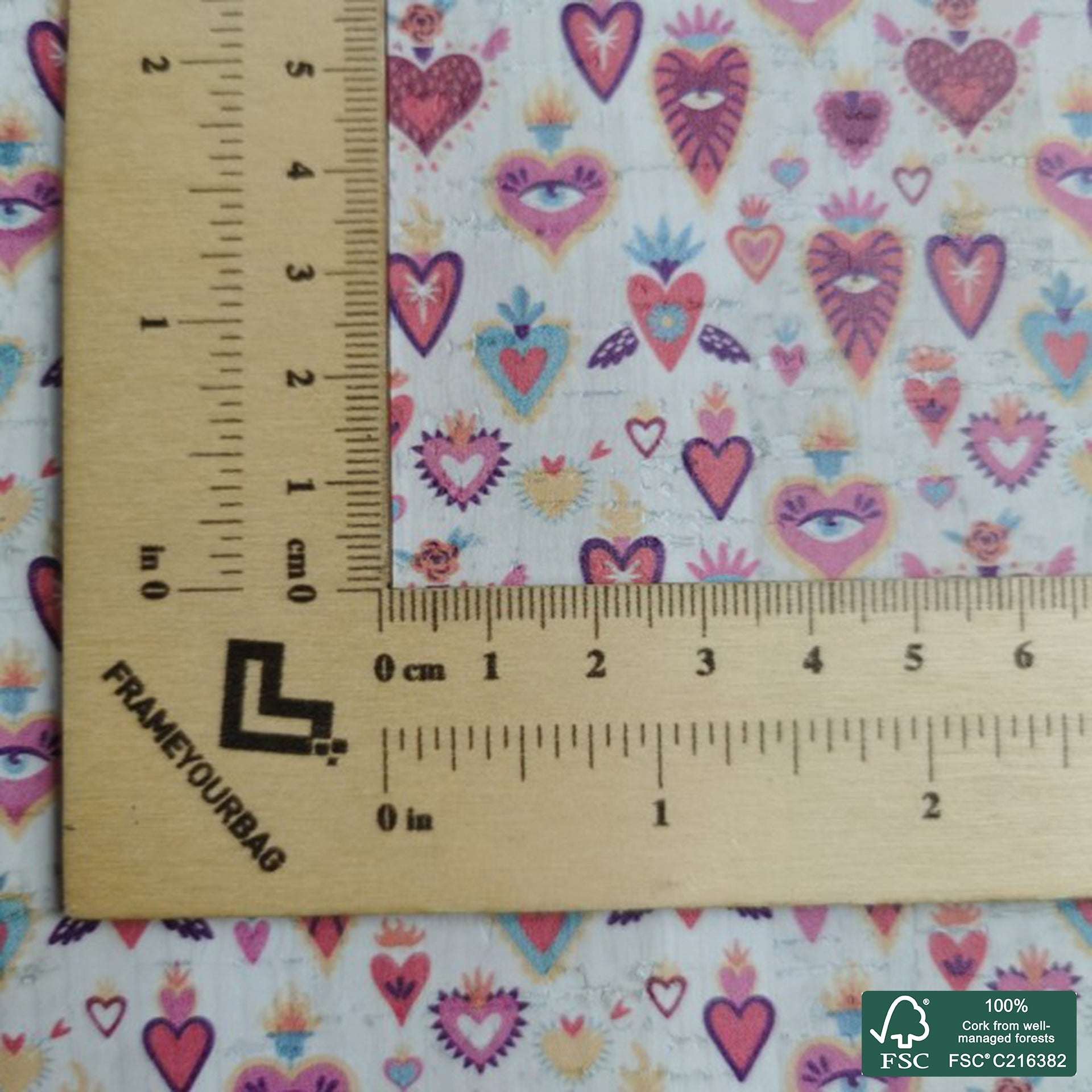 Hearts printed pattern on white cork fabric (209)