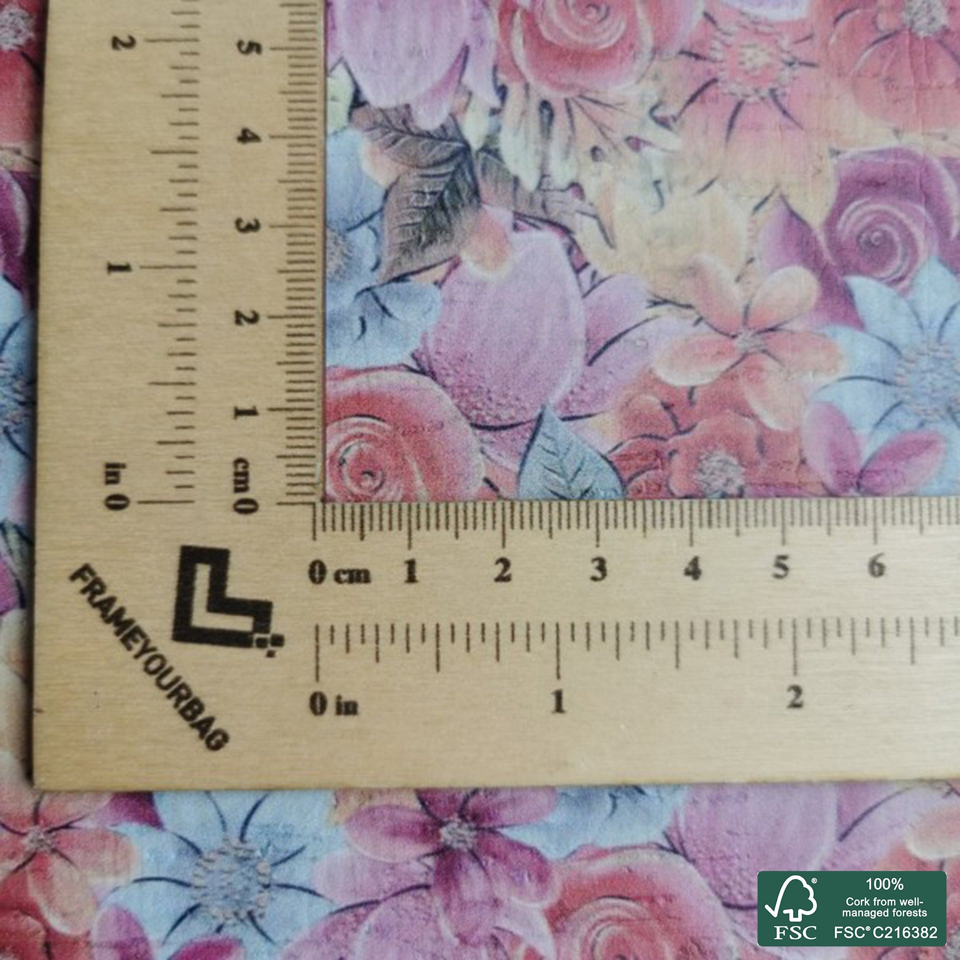 Flowers printed pattern on white cork fabric (210)
