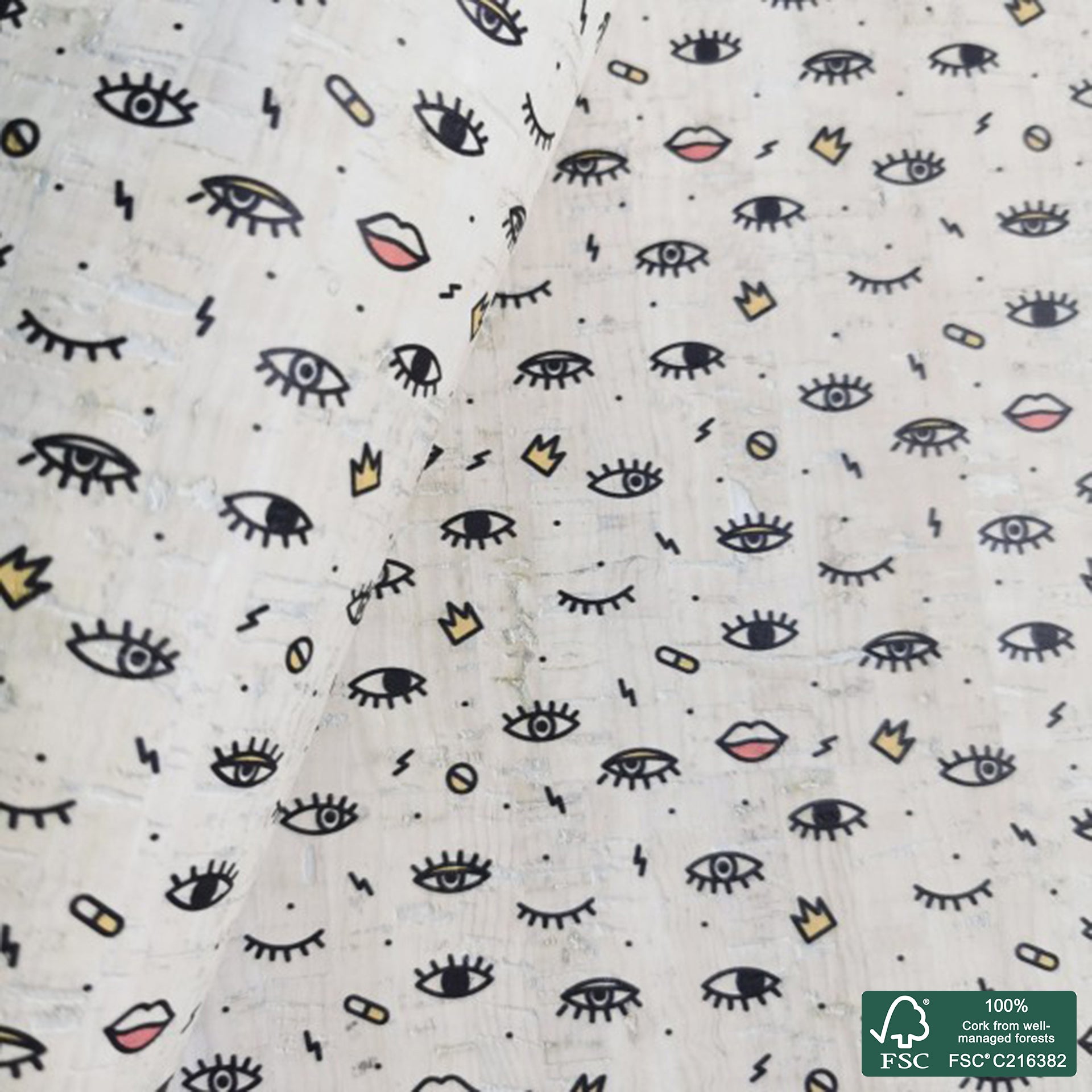Eye printed pattern on white cork fabric (211)