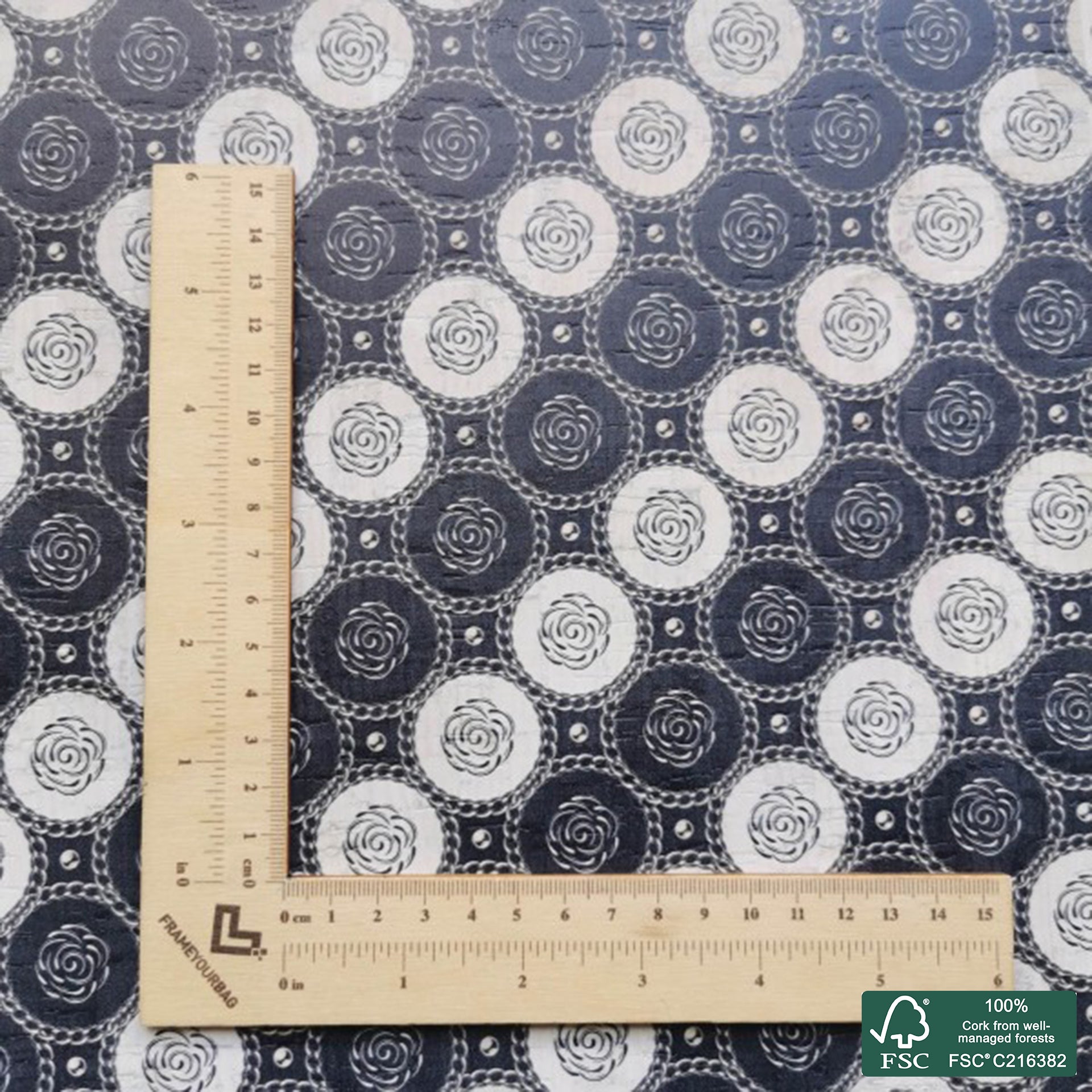 Flowers printed pattern on white cork fabric (214)