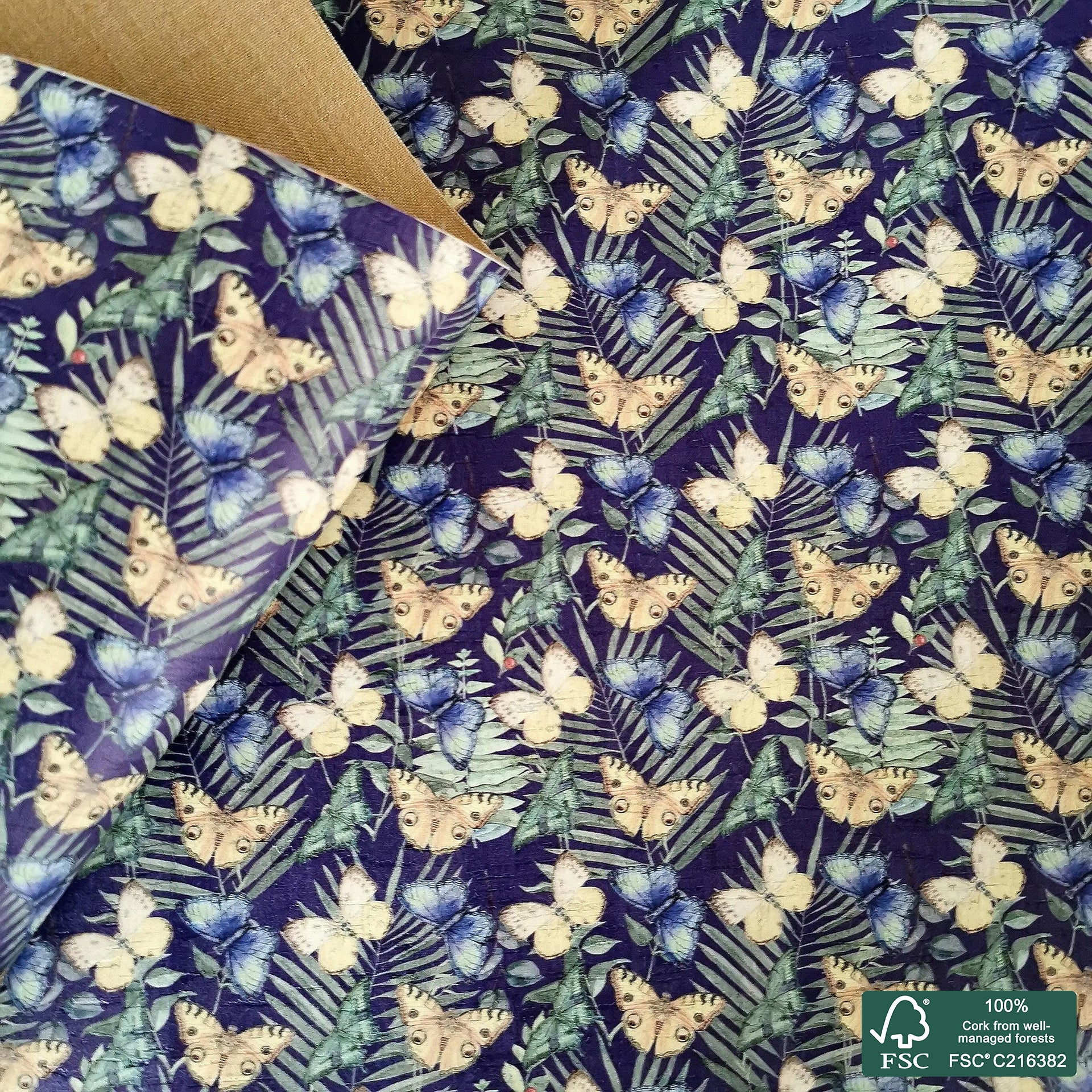 Butterflies printed pattern on white cork fabric (216)