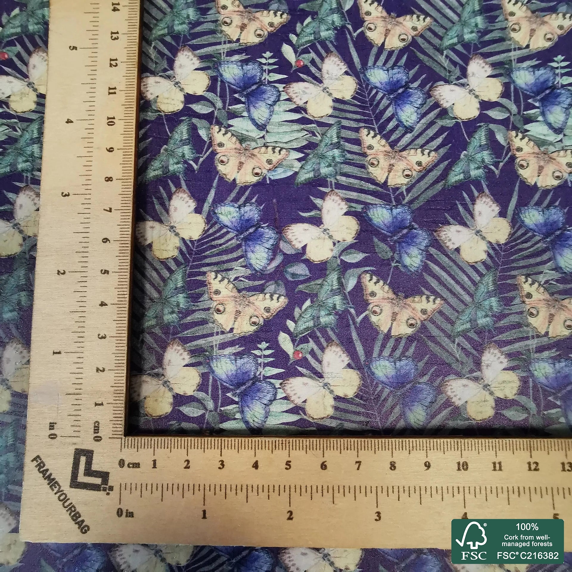 Butterflies printed pattern on white cork fabric (216)