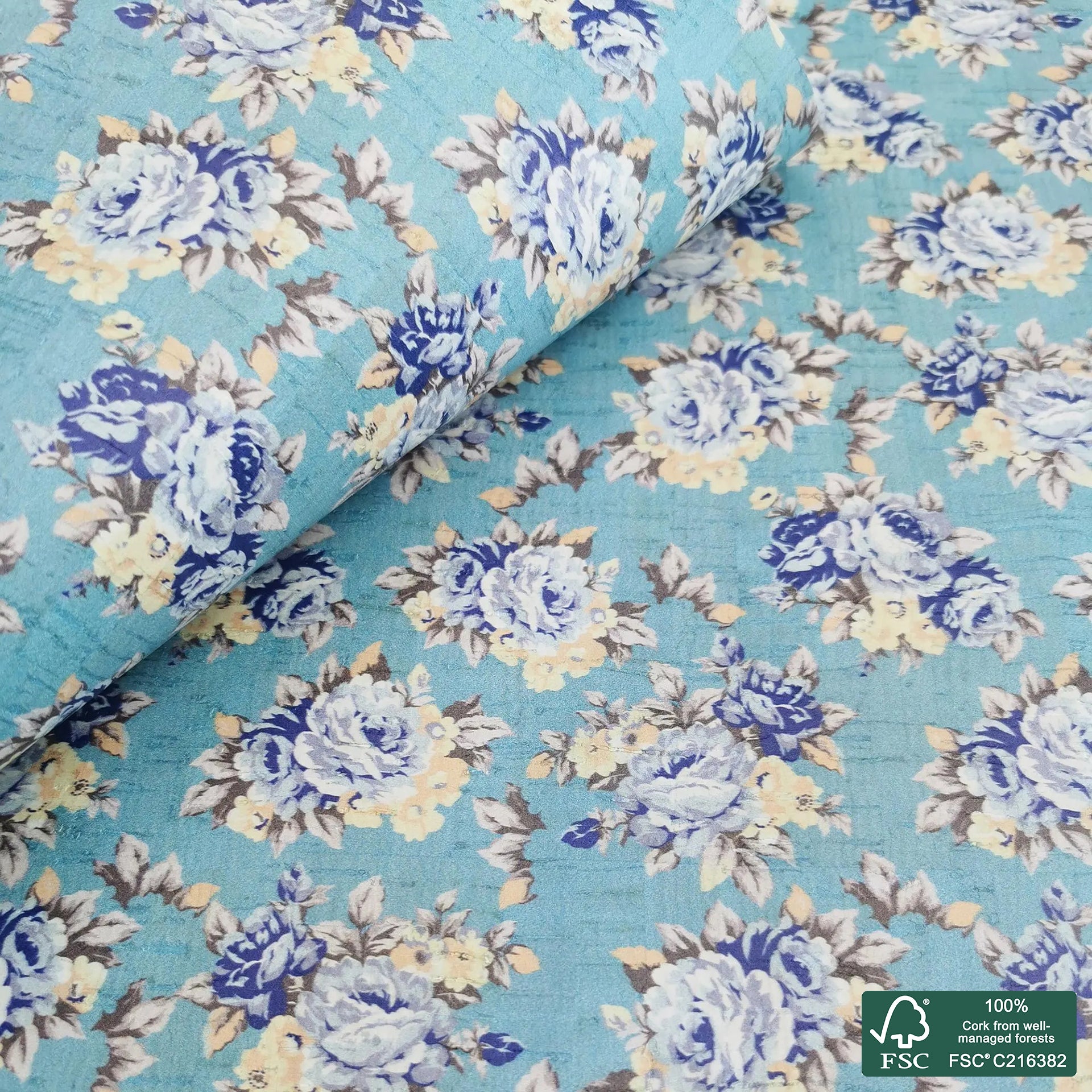 Flowers printed pattern on white cork fabric (217)