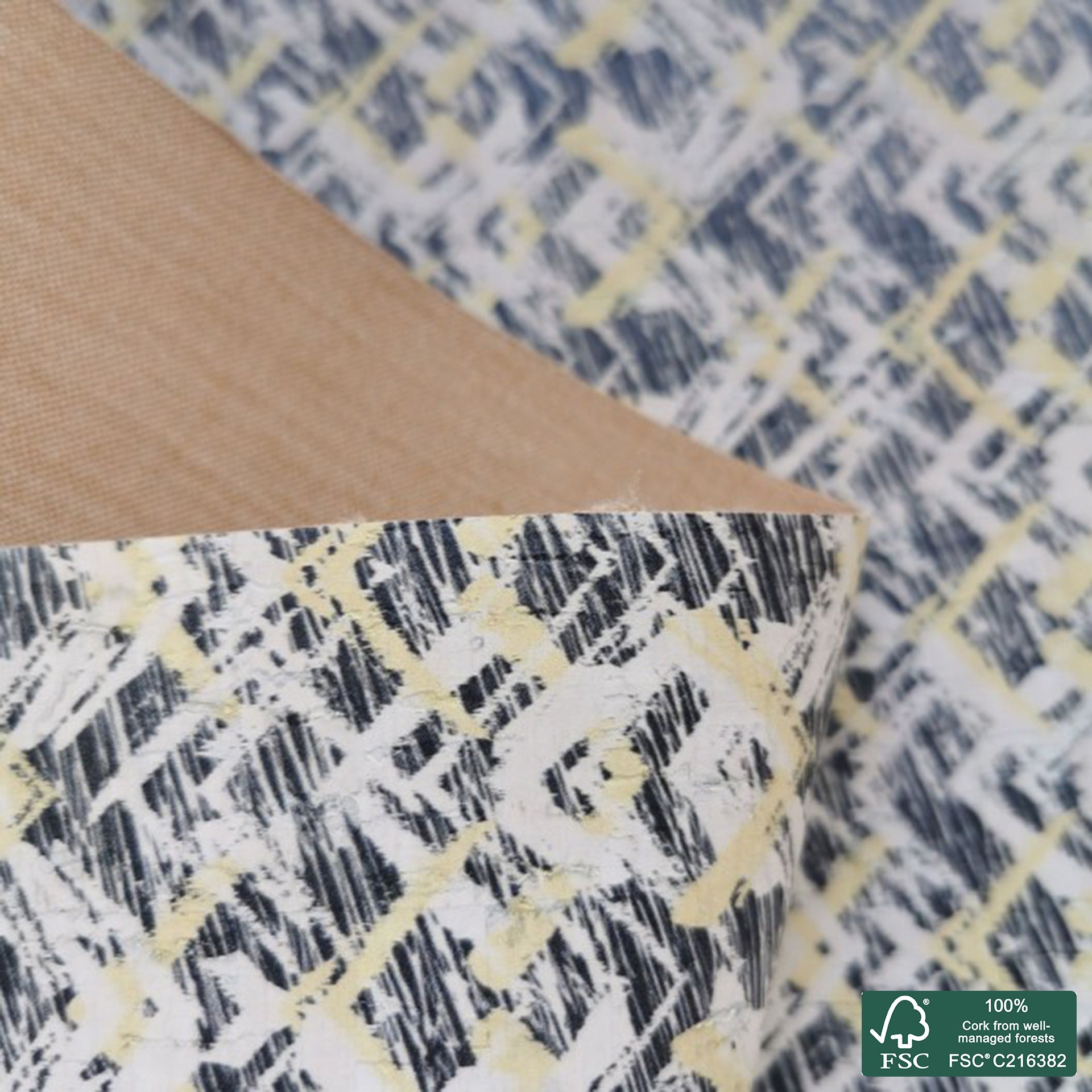 Abstract printed pattern on white cork fabric (219)
