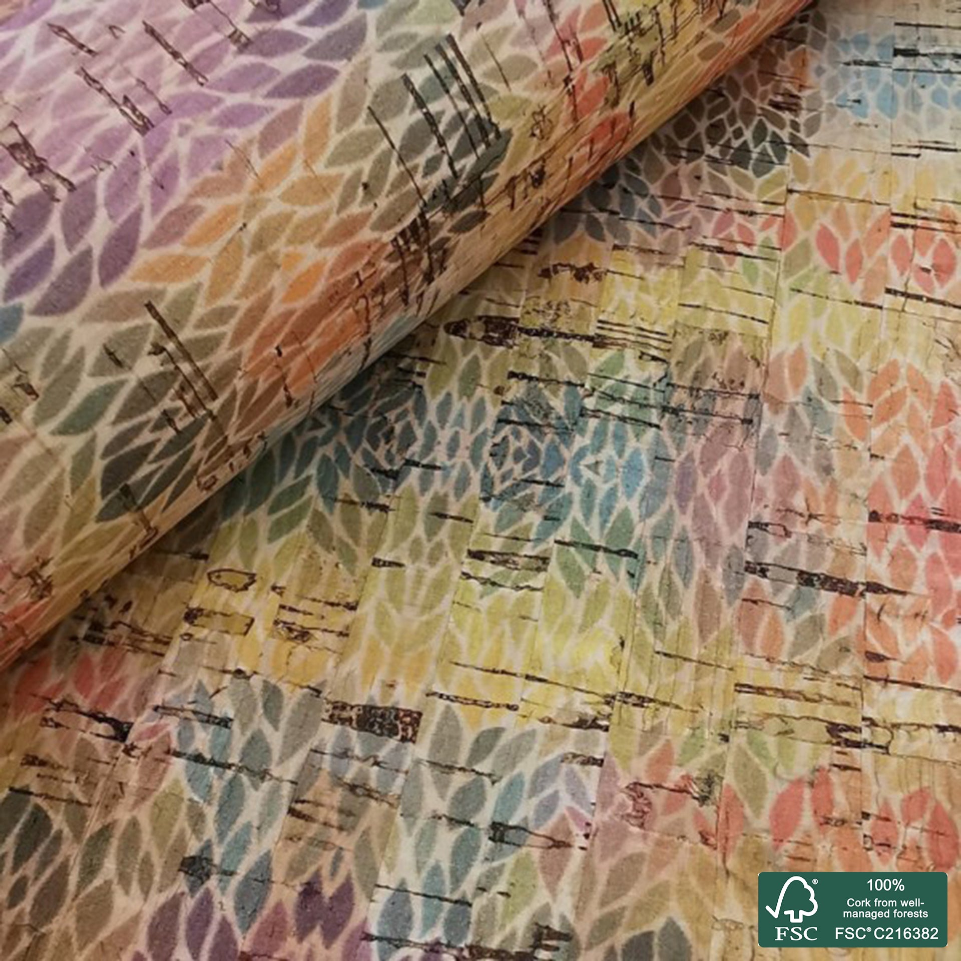 Leaves printed pattern on natural cork fabric (220)