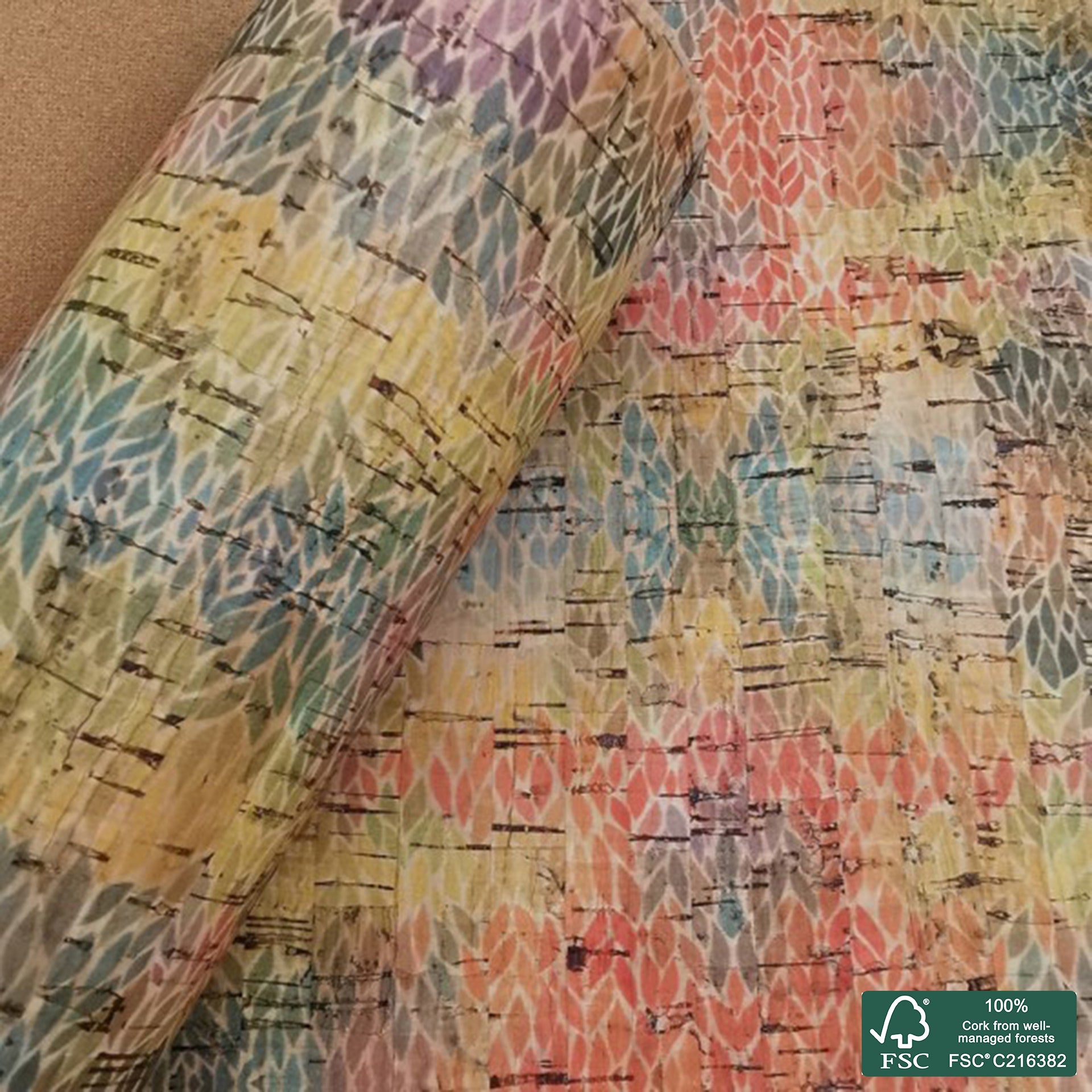 Leaves printed pattern on natural cork fabric (220)
