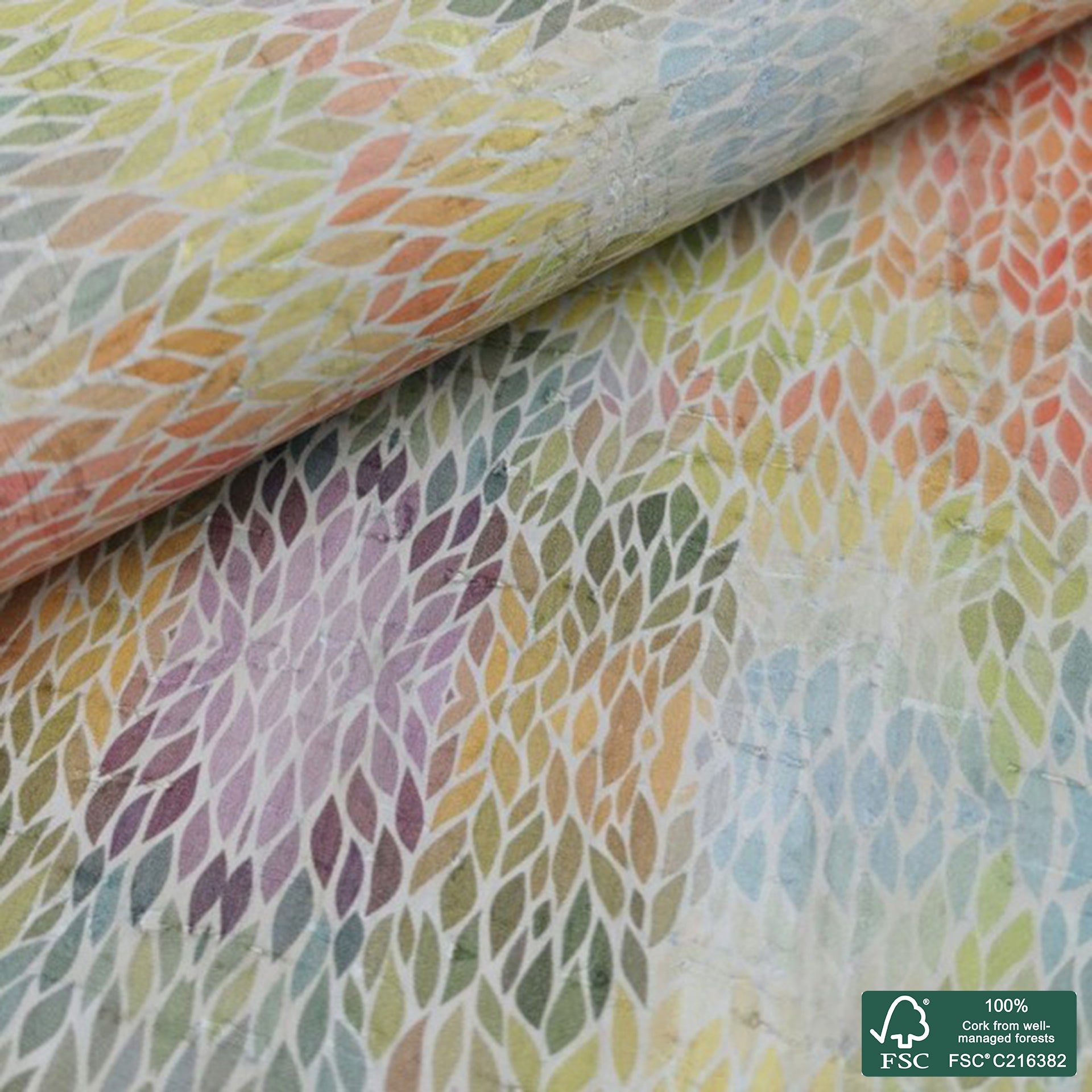 Leaves printed pattern on white cork fabric (221)