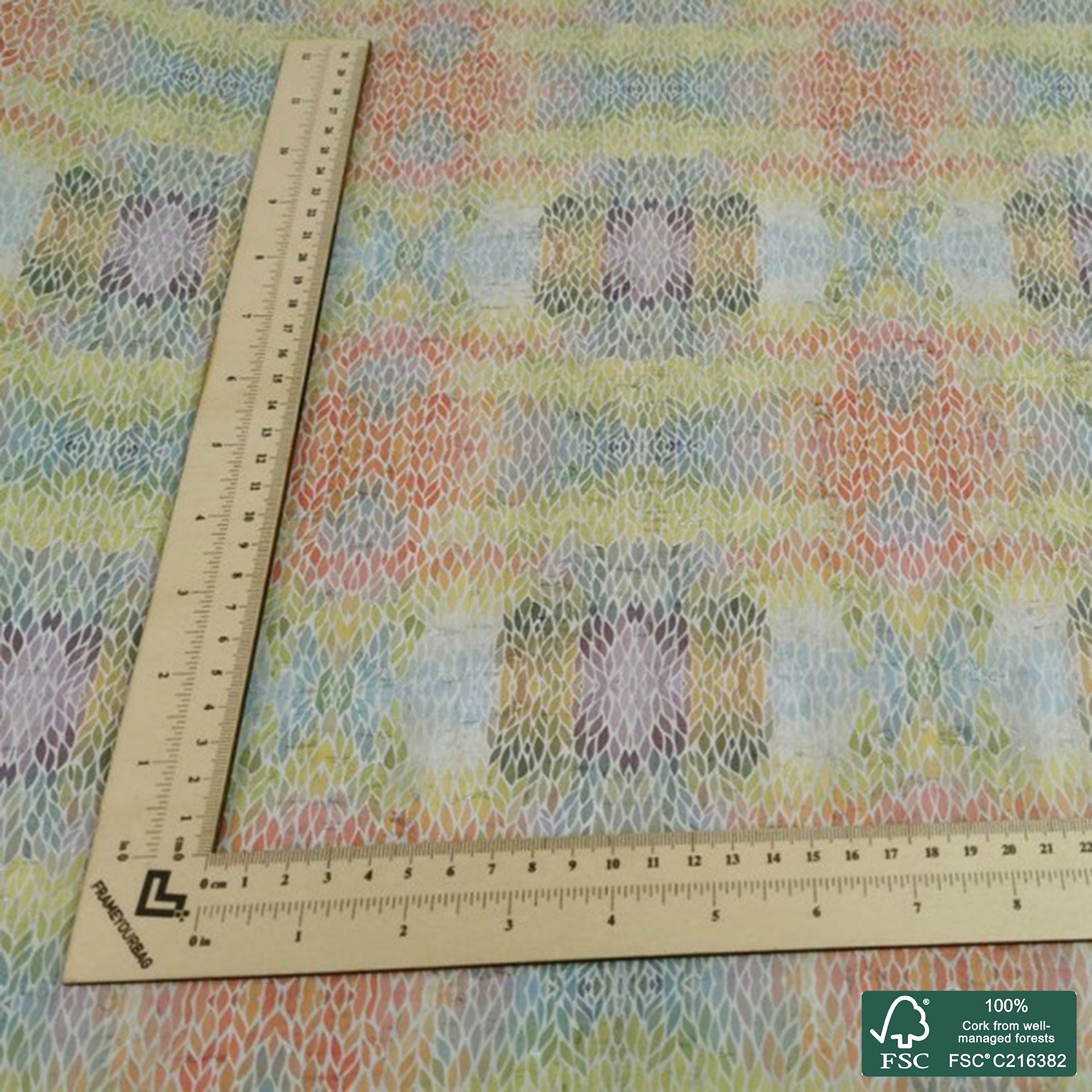 Leaves printed pattern on white cork fabric (221)
