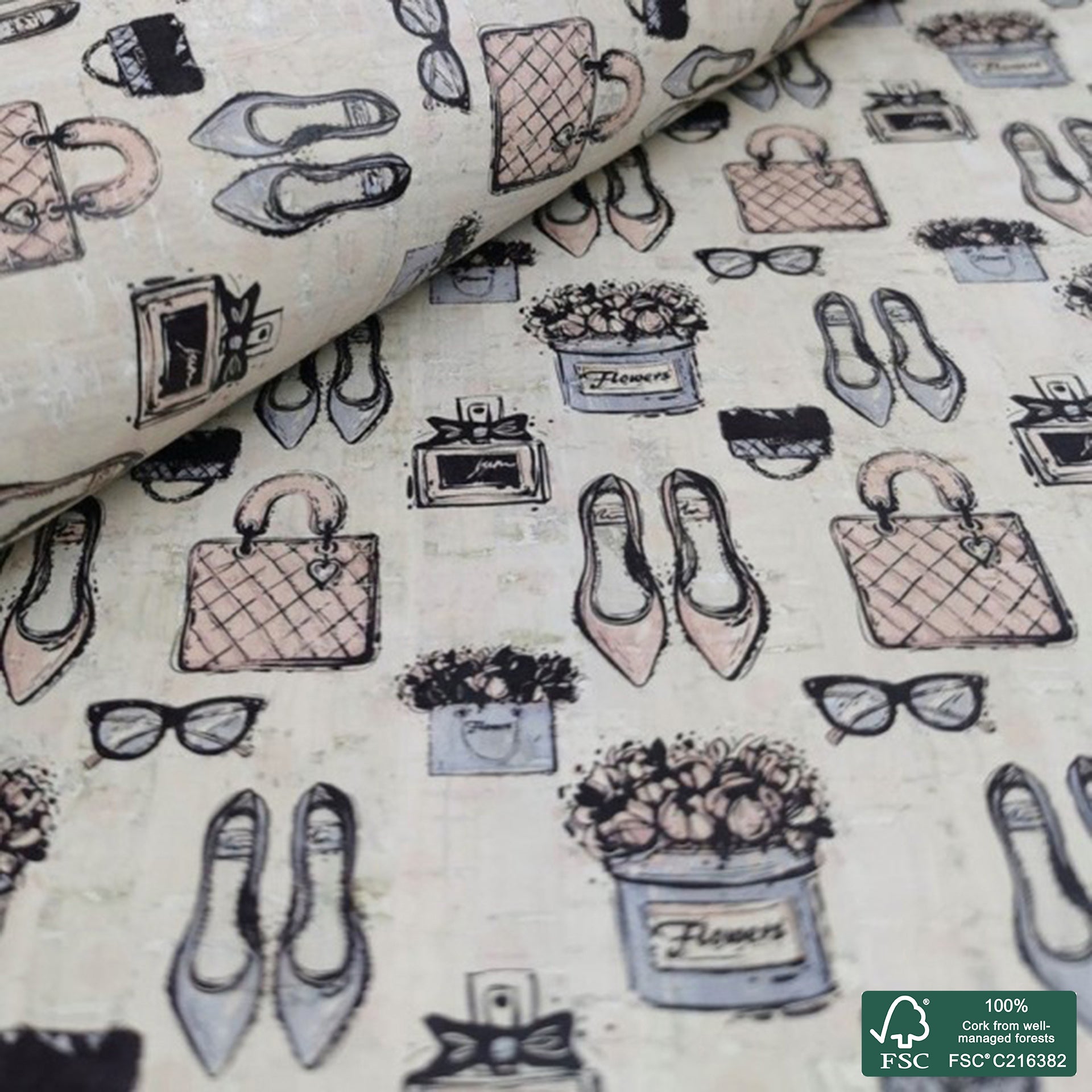 Fashion printed pattern on white cork fabric (222)