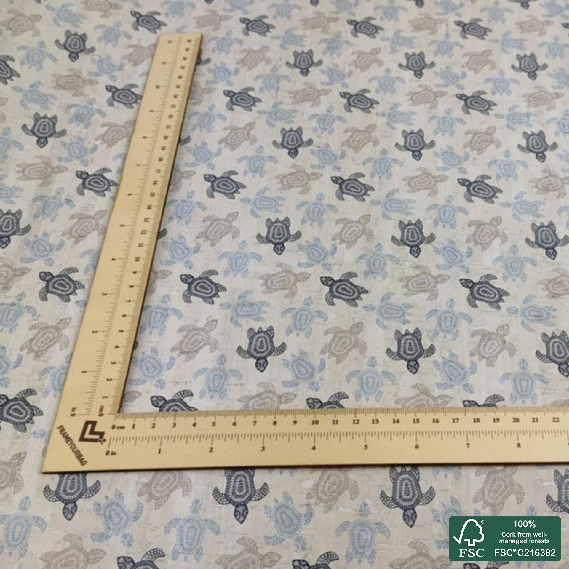 Turtles printed pattern on white cork fabric (223)