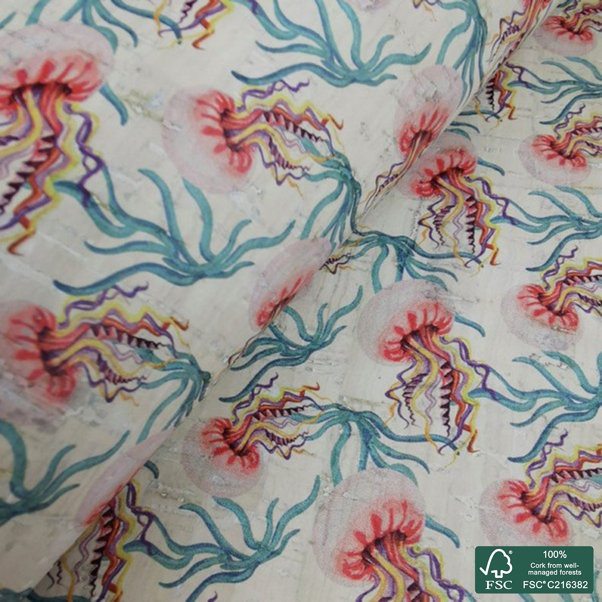 Jellyfish printed pattern on white cork fabric (224)