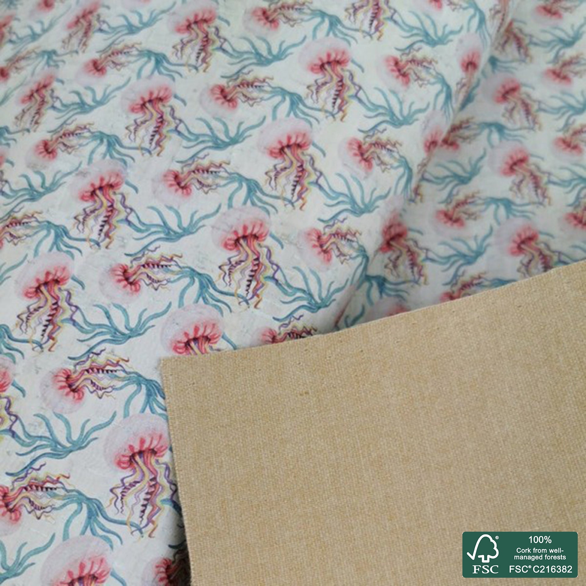 Jellyfish printed pattern on white cork fabric (224)