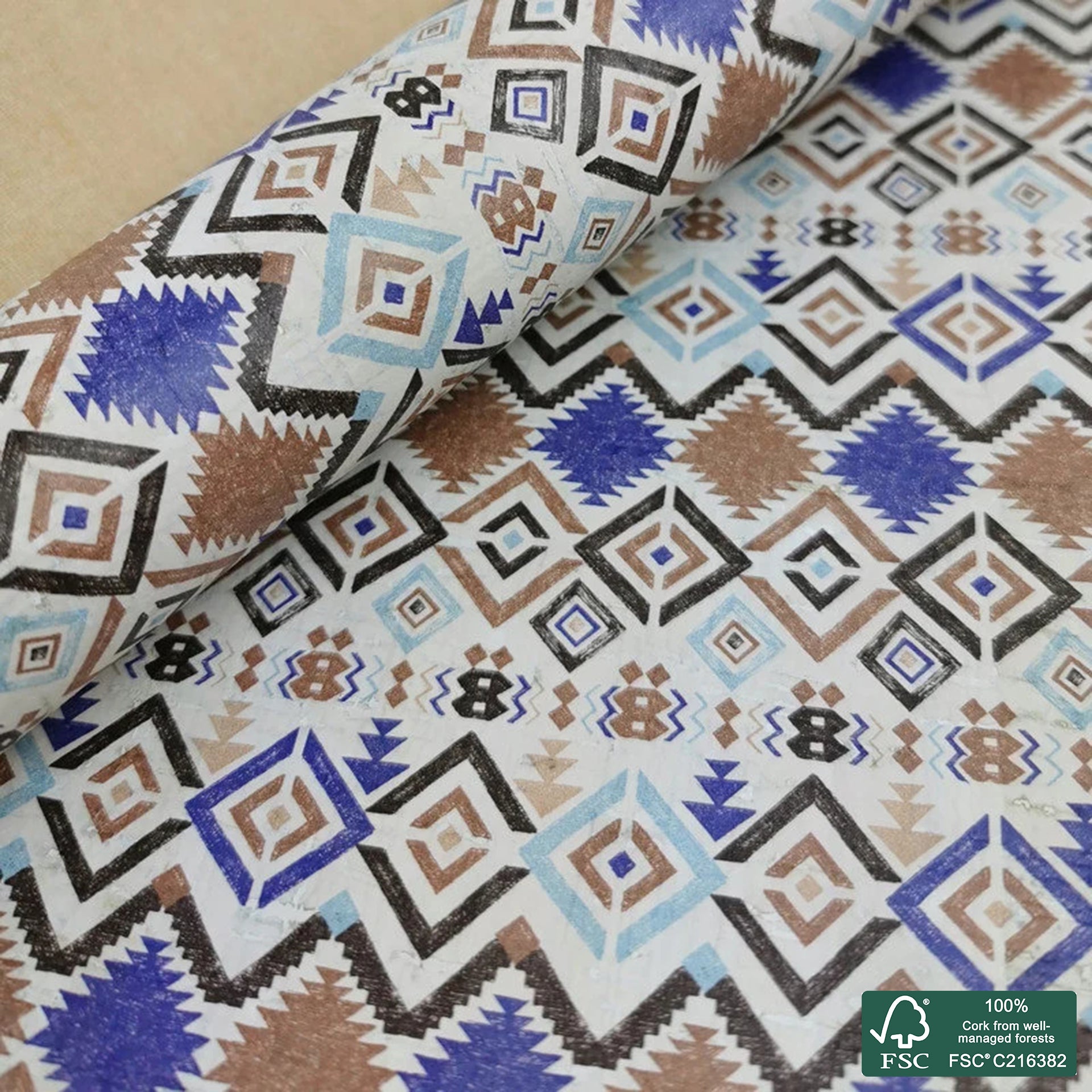 Tiles printed pattern on white cork fabric (225)