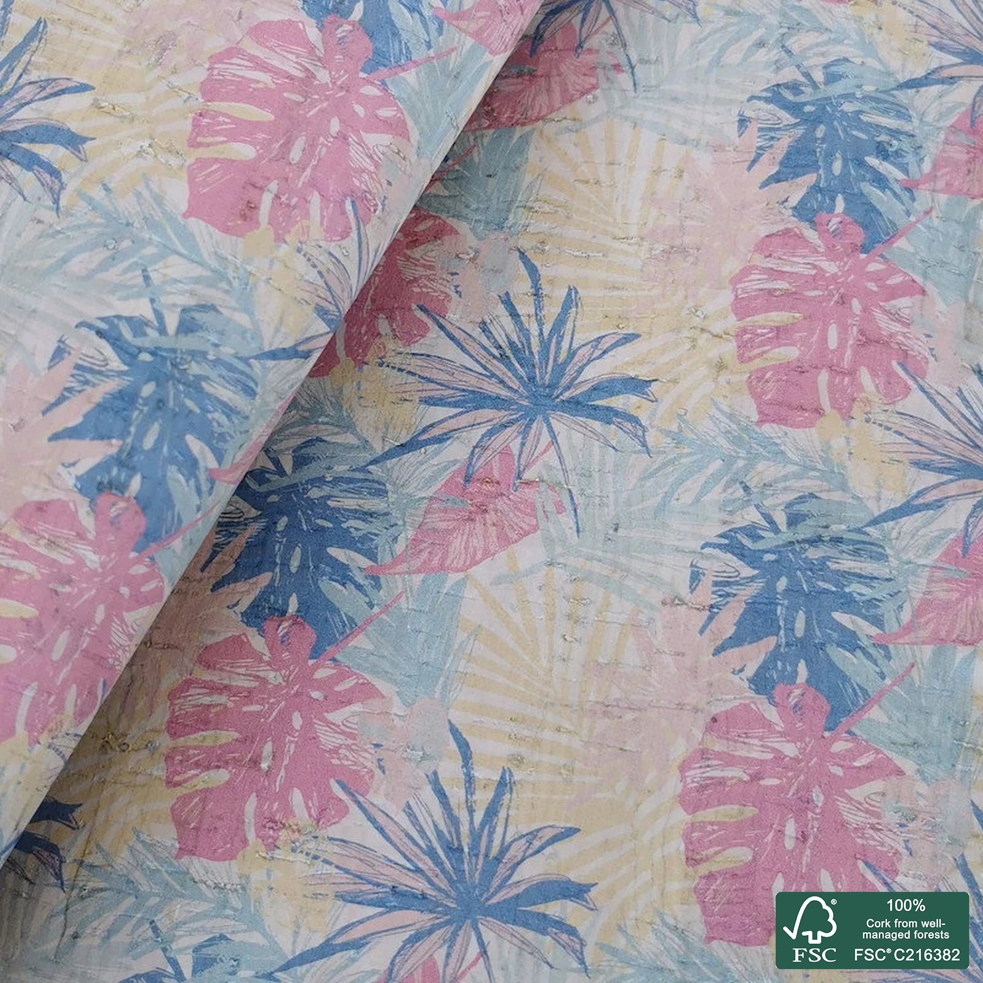 Leaves printed pattern on white cork fabric (226)