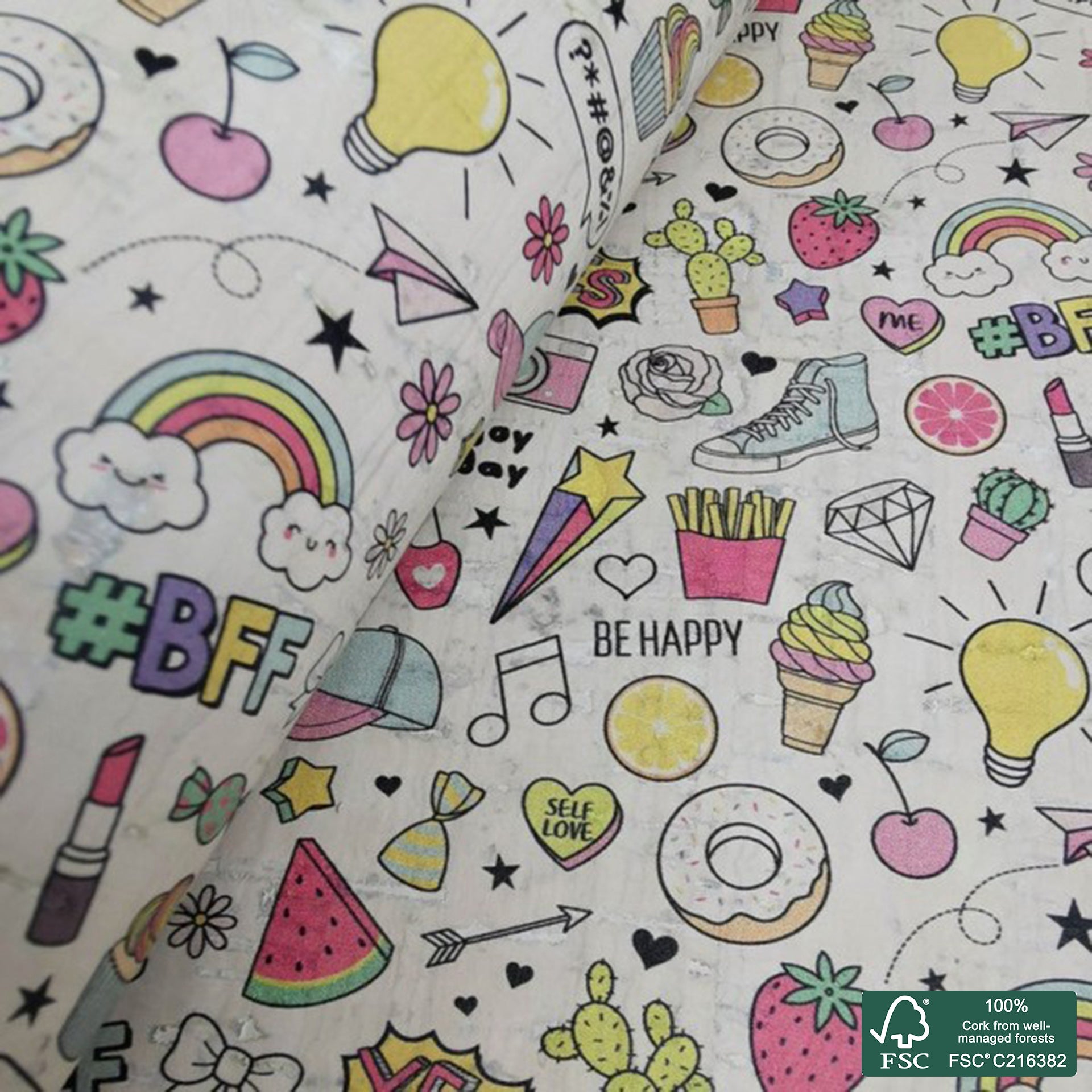 Cartoon printed pattern on white cork fabric (228)