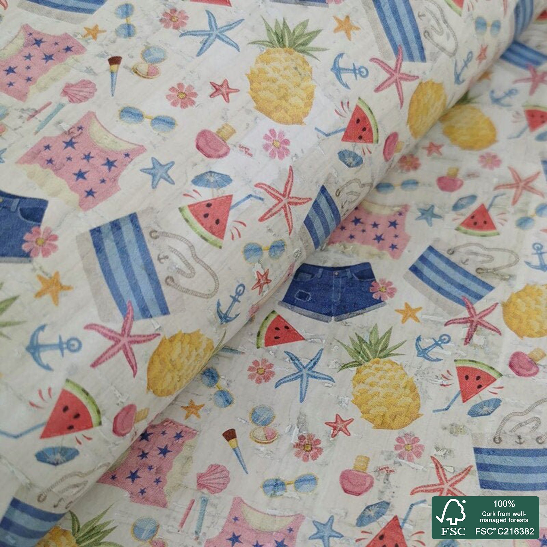 Beach printed pattern on white cork fabric (231)