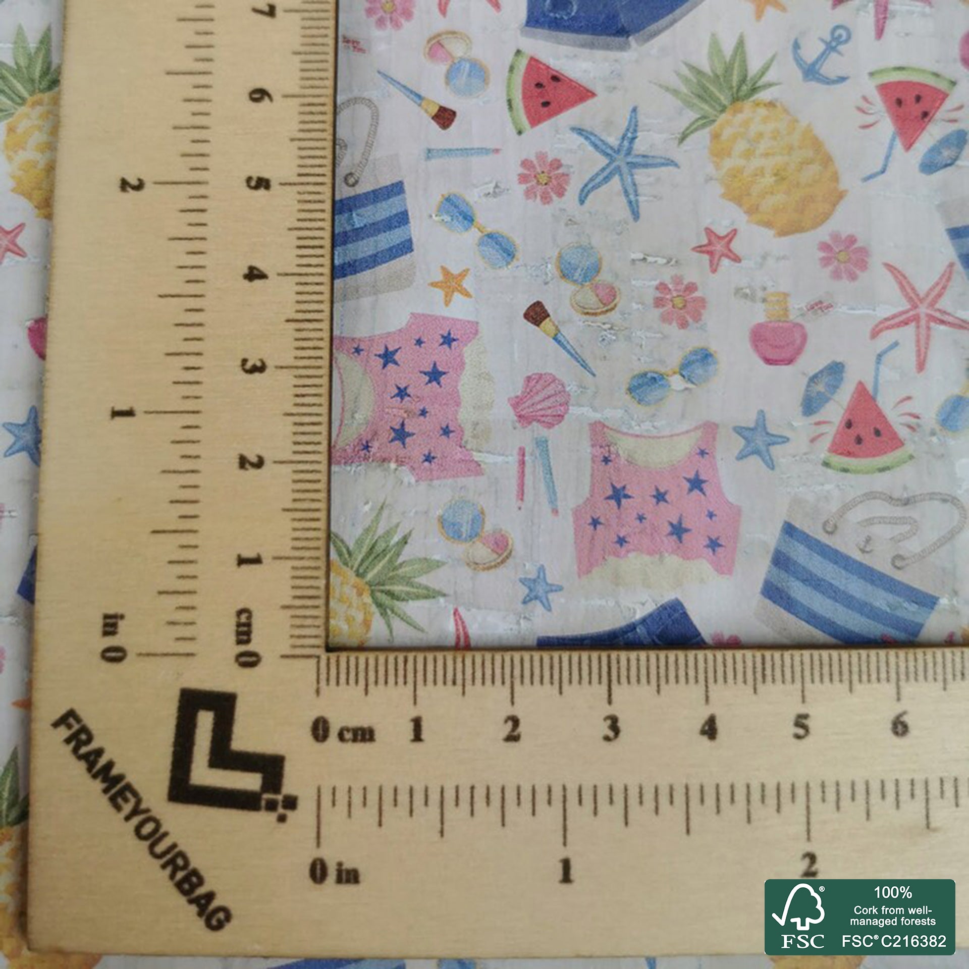 Beach printed pattern on white cork fabric (231)