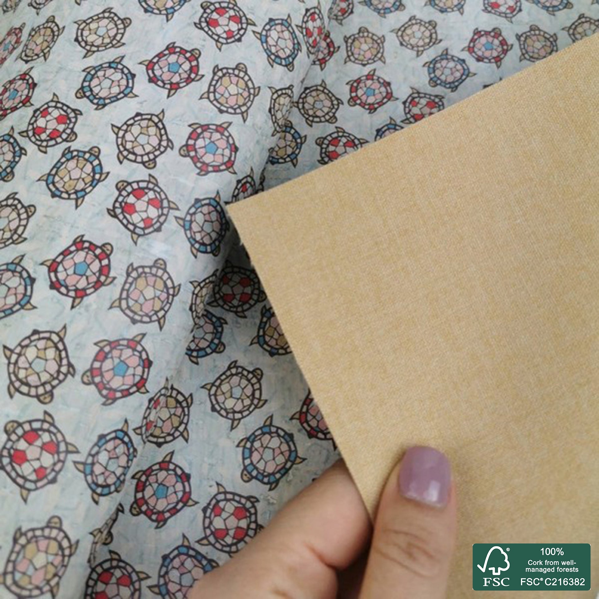 Turtles printed pattern on white cork fabric (232)