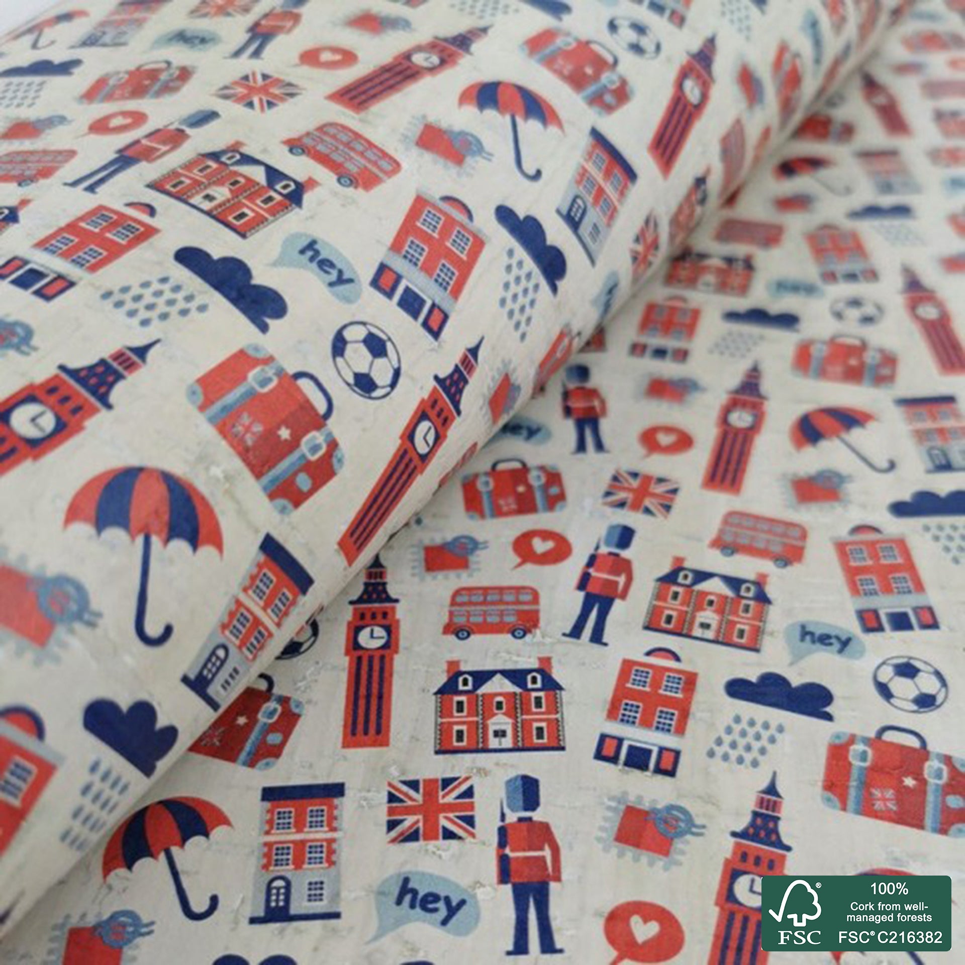 England printed pattern on white cork fabric (235)