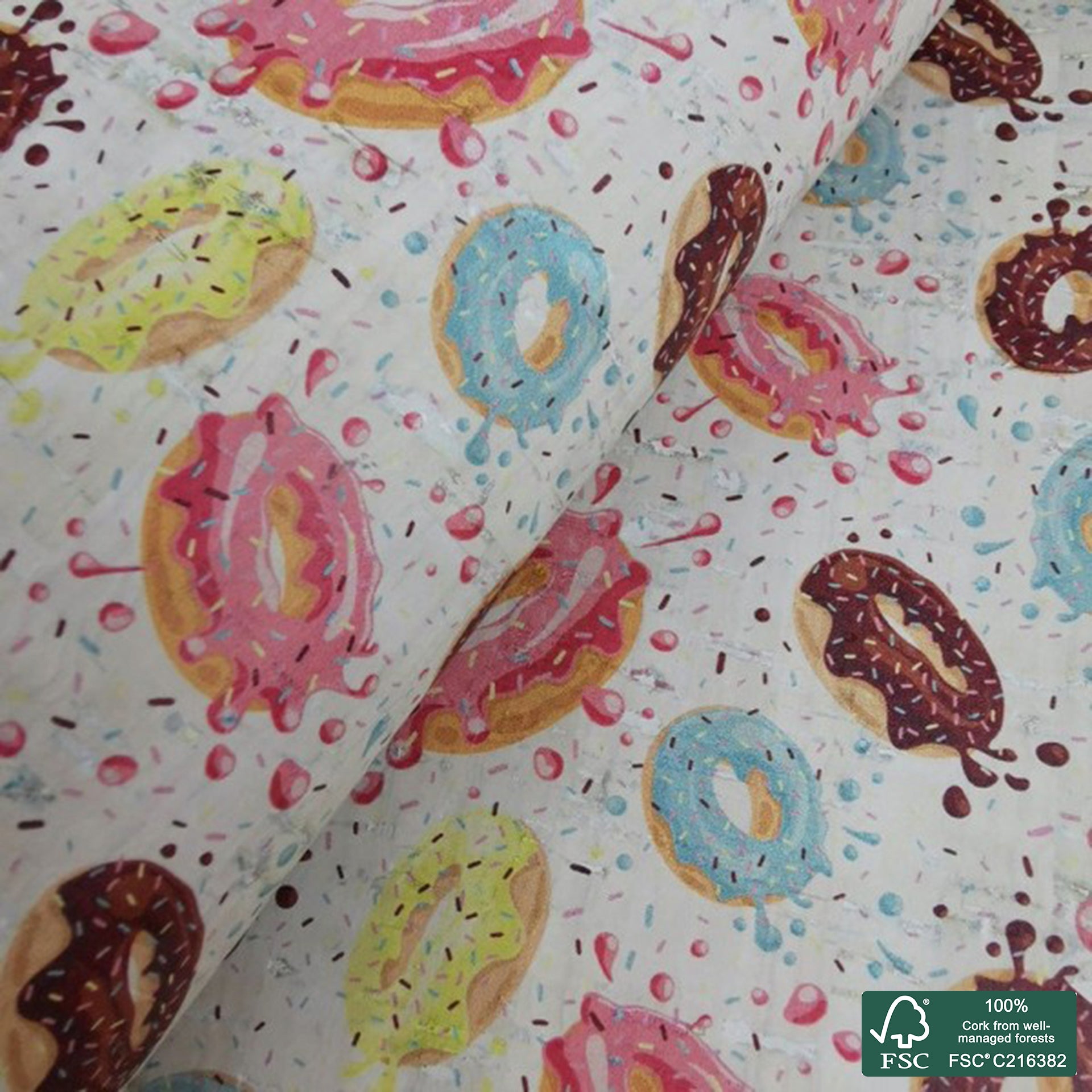 Donuts printed pattern on white cork fabric (237)