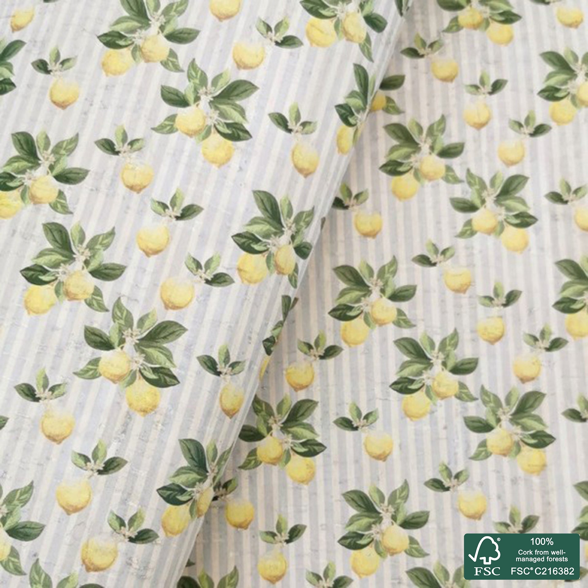 Lemons printed pattern on white cork fabric (240)